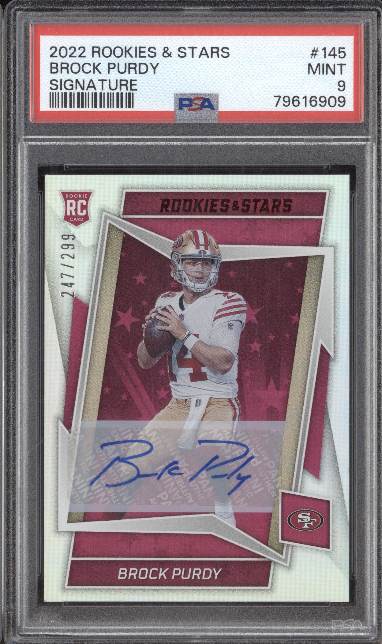 Brock Purdy 2022 Panini Rookies & Stars 145 Signature RC 247/299 PSA 9