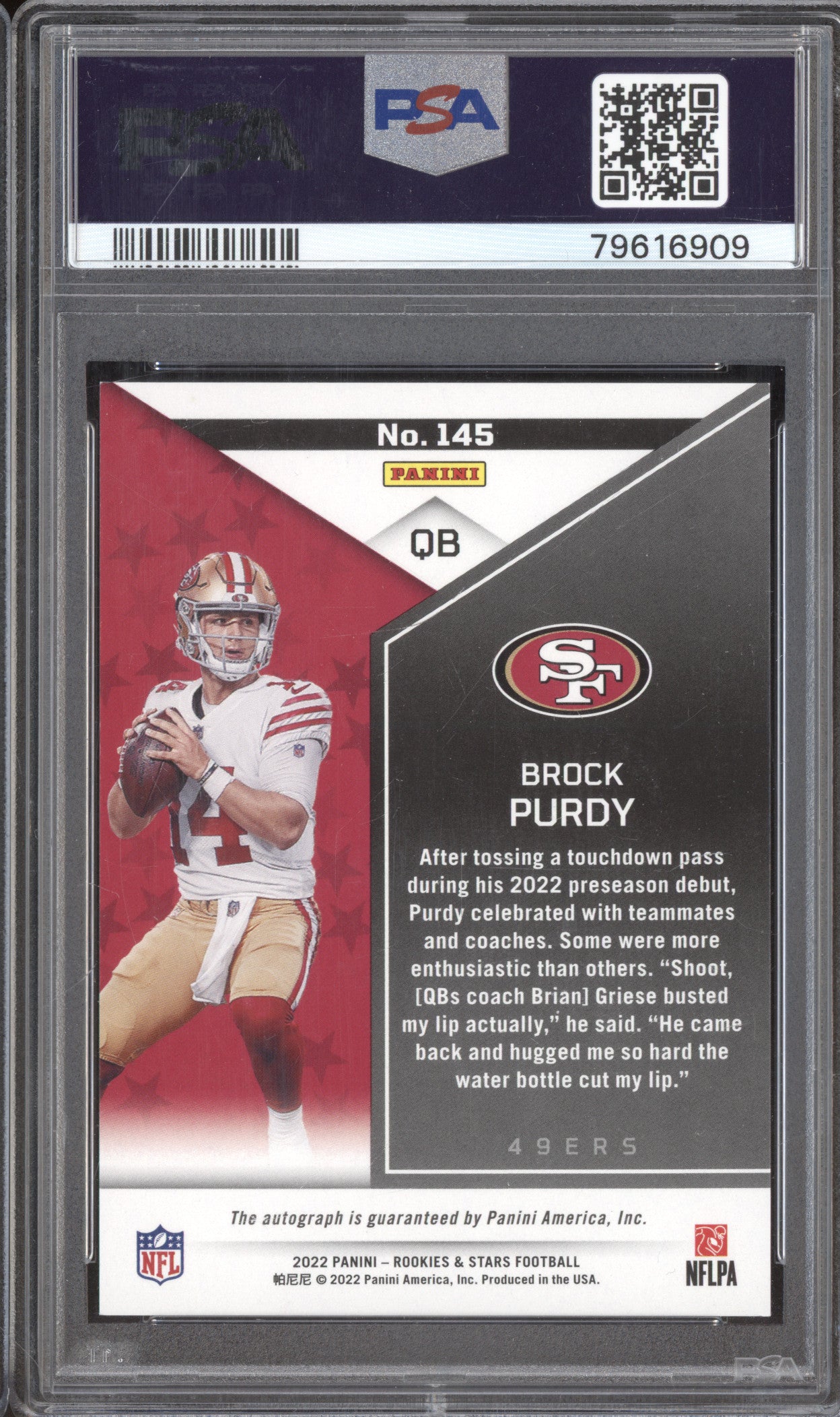 Brock Purdy 2022 Panini Rookies & Stars 145 Signature RC 247/299 PSA 9