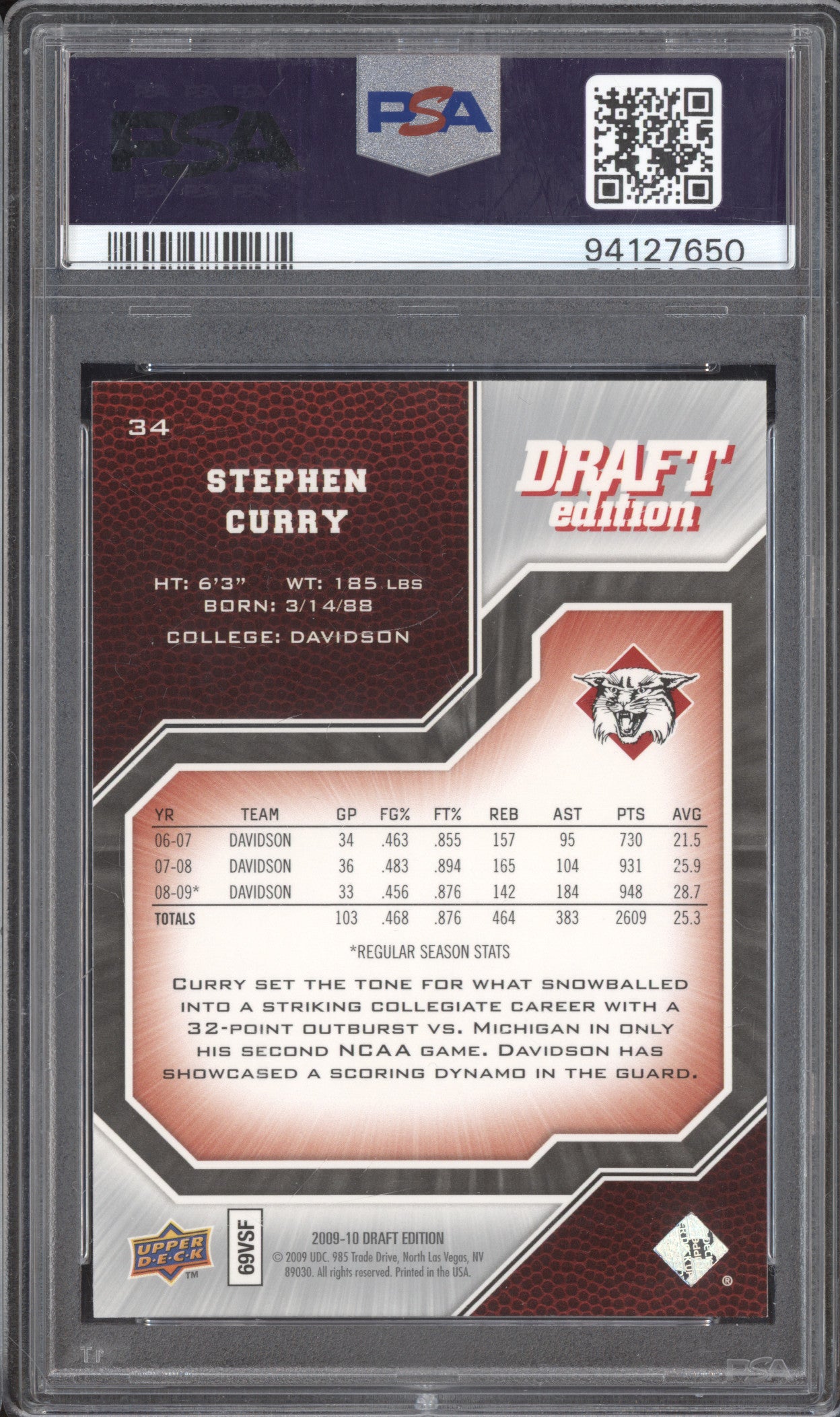 Stephen Curry 2009-10 Upper Deck Draft Edition 34 RC PSA 10
