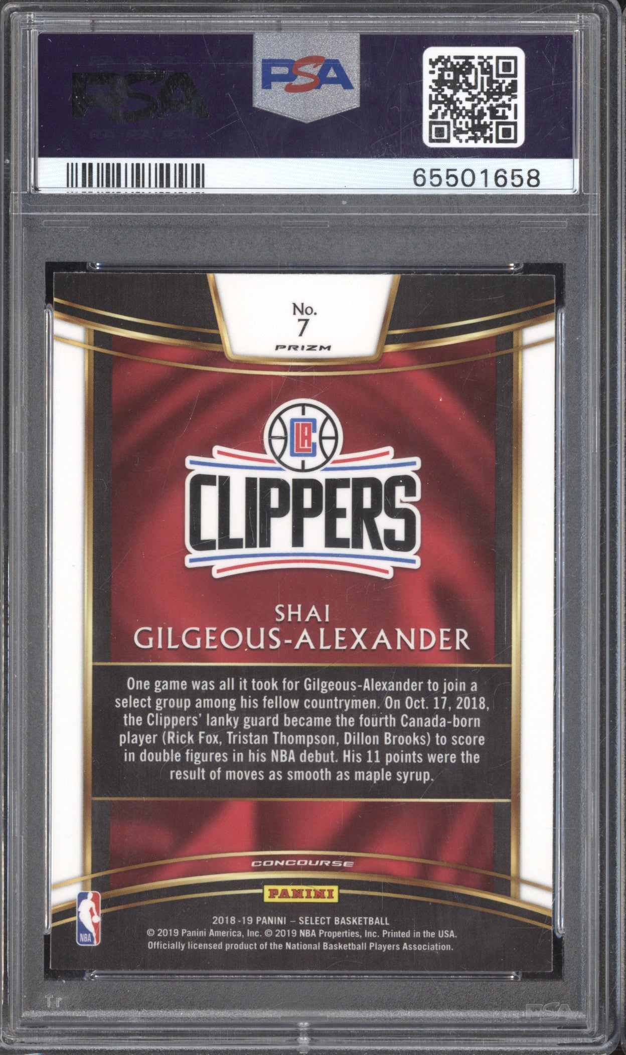Shai Gilgeous-Alexander 2018-19 Panini Select 7 Silver RC PSA 10