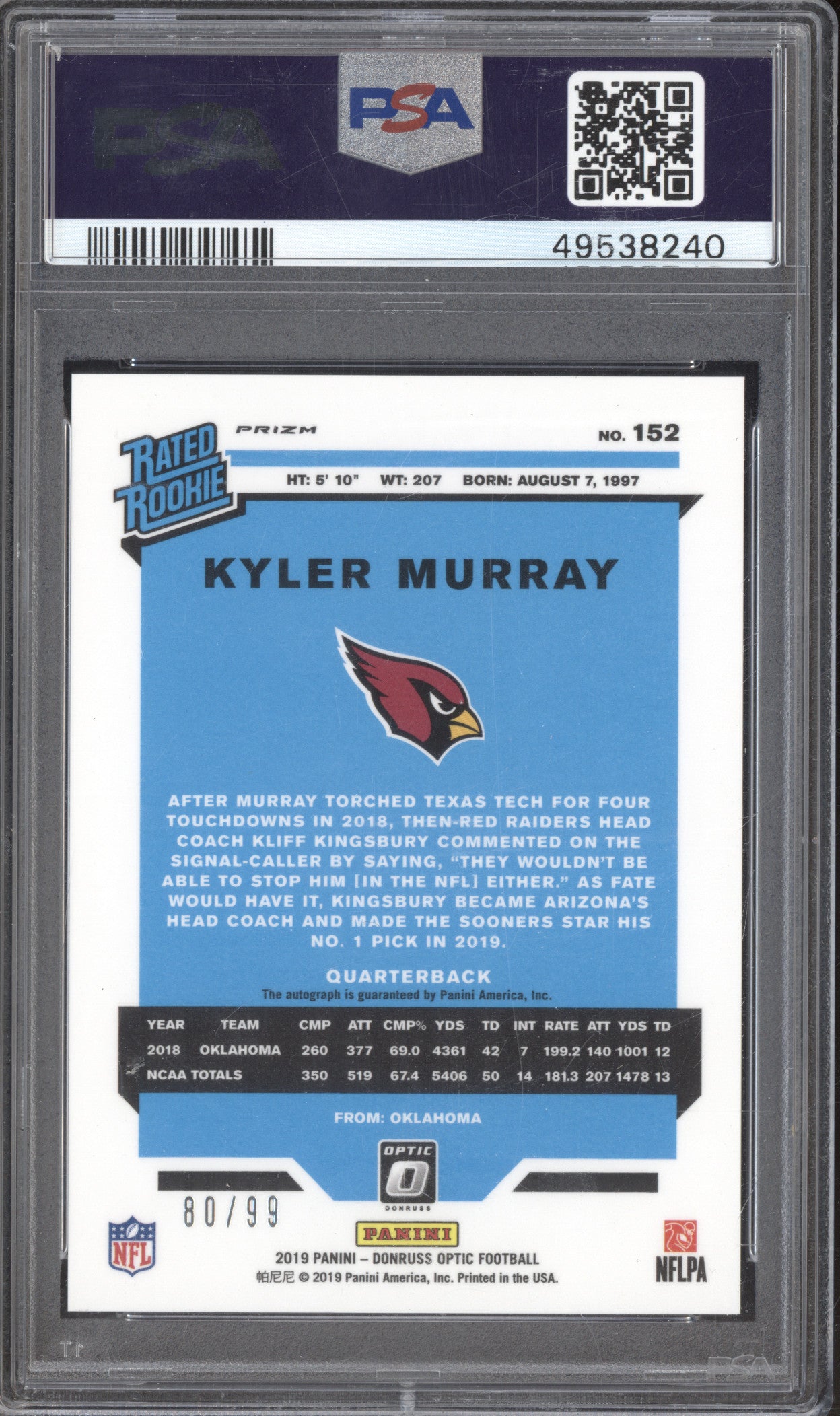 Kyler Murray 2019 Panini Donruss Optic 152 Autograph Holo RR RC 80/99 PSA 10