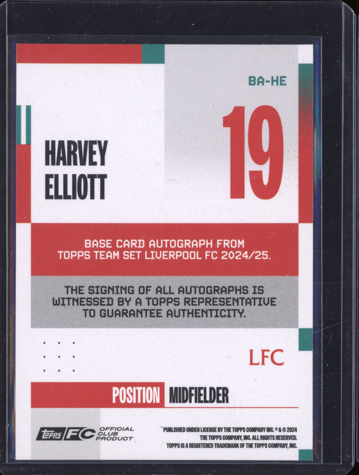 Harvey Elliot 2024-25 Topps Team Set Liverpool BA-HE Autograph 132/250