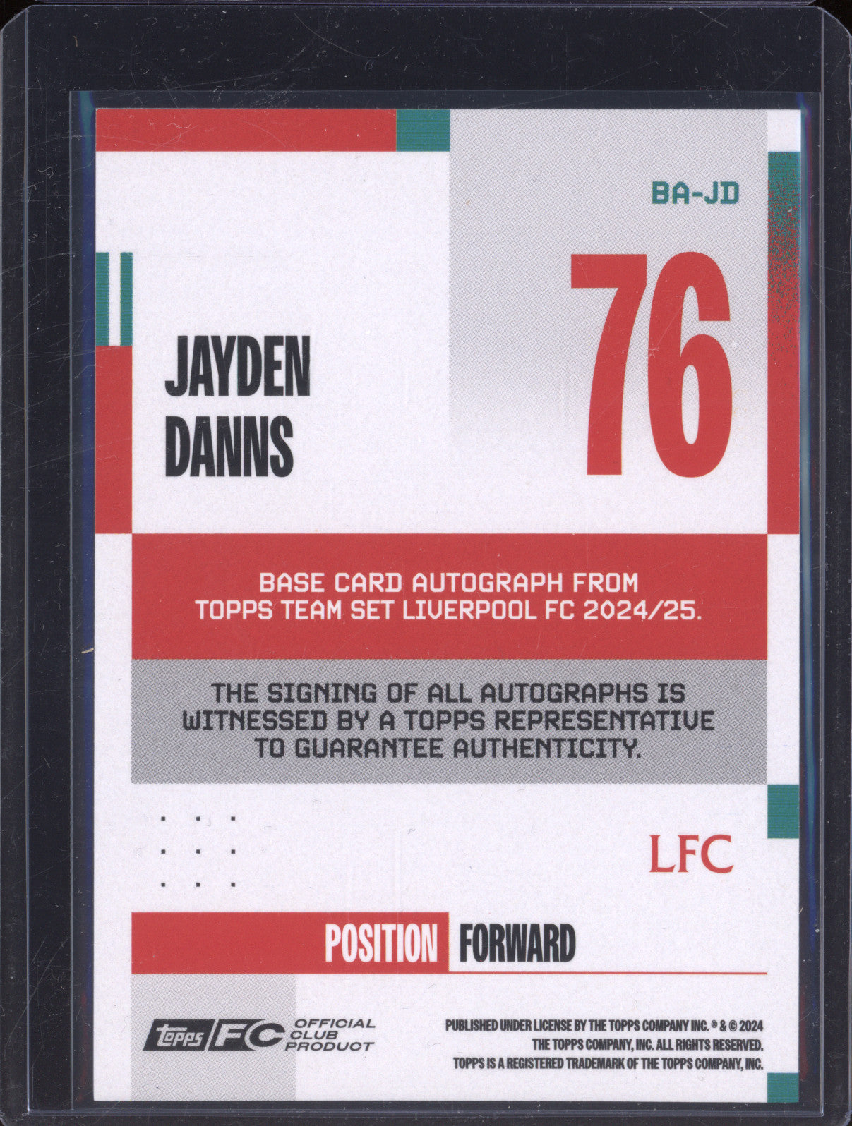 Jayden Danns 2024-25 Topps Team Set Liverpool BA-JD Autograph RC 70/99