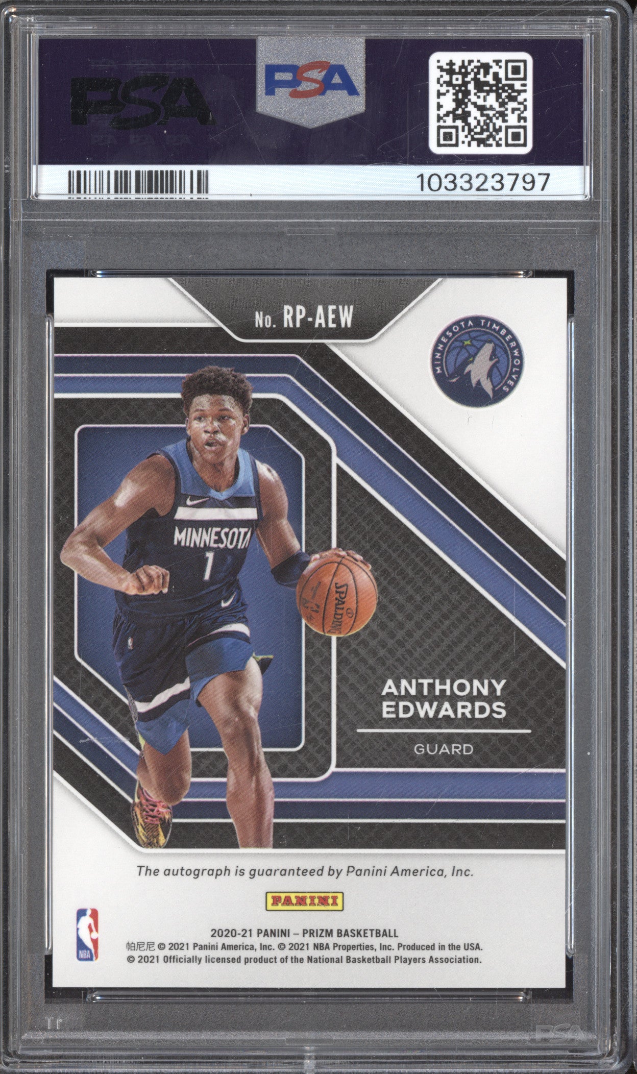 Anthony Edwards 2020-21 Panini Prizm RP-AEW Rookie Penmanship Auto RC PSA 9/10