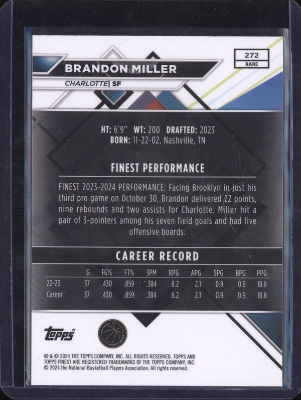 Brandon Miller 2023-24 Topps Finest 272 Checkerboard Refractor RC