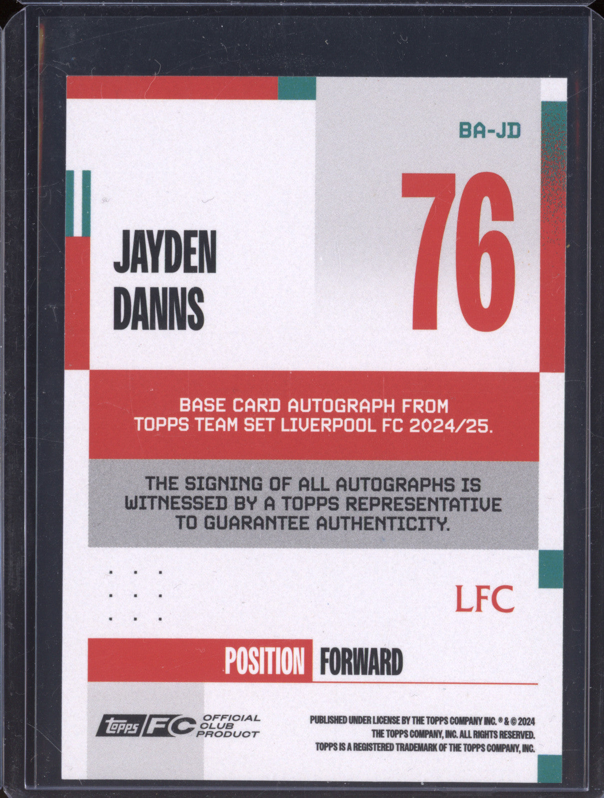 Jayden Danns 2024-25 Topps Team Set Liverpool BA-JD Autograph RC 248/250