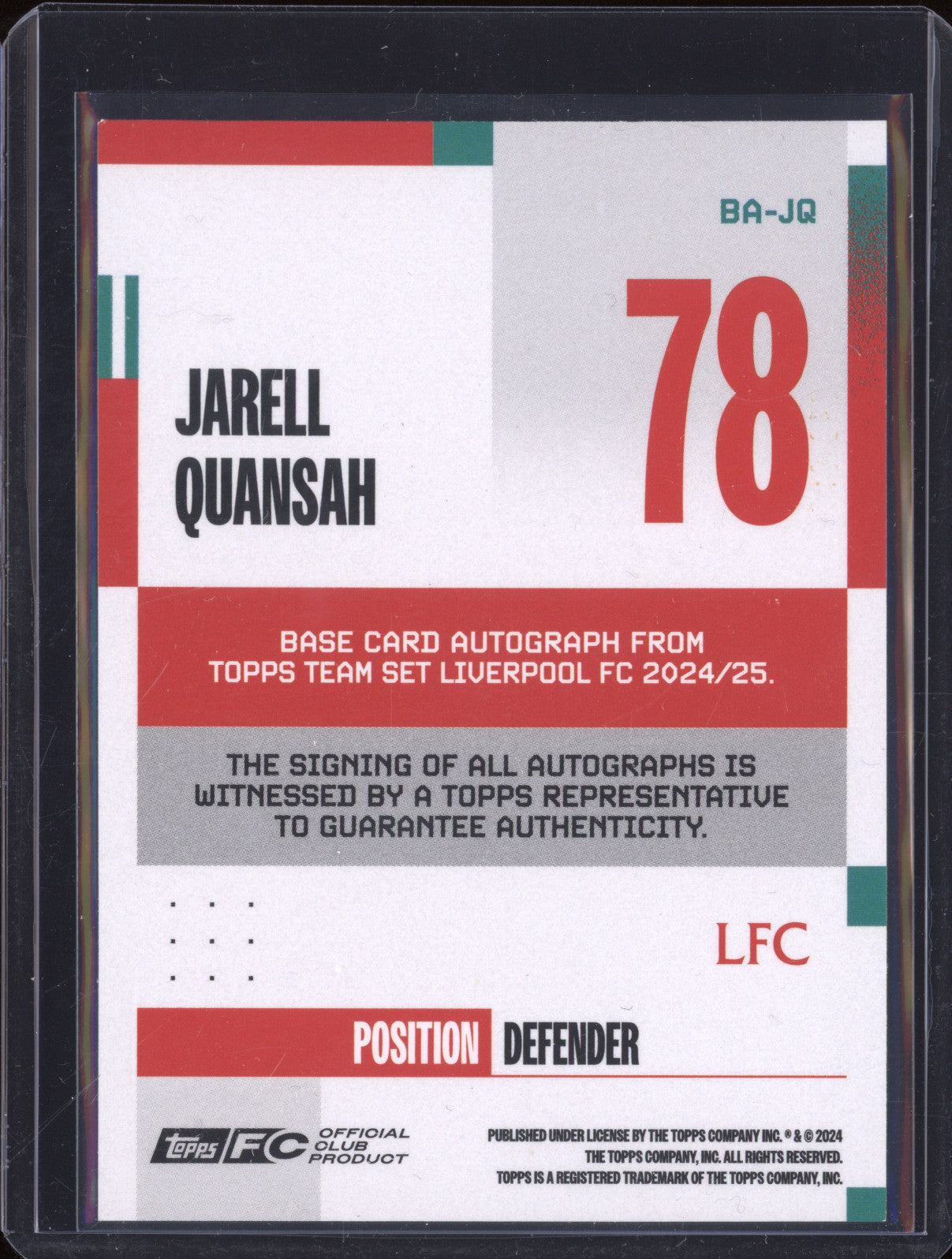 Jarell Quansah 2024-25 Topps Team Set Liverpool BA-JQ Autograph 44/250