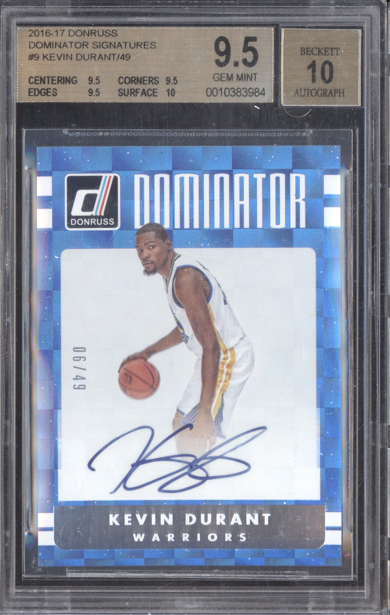 Kevin Durant 2016-17 Panini Donruss 9 Dominator Auto 6/49 BGS 9.5/10