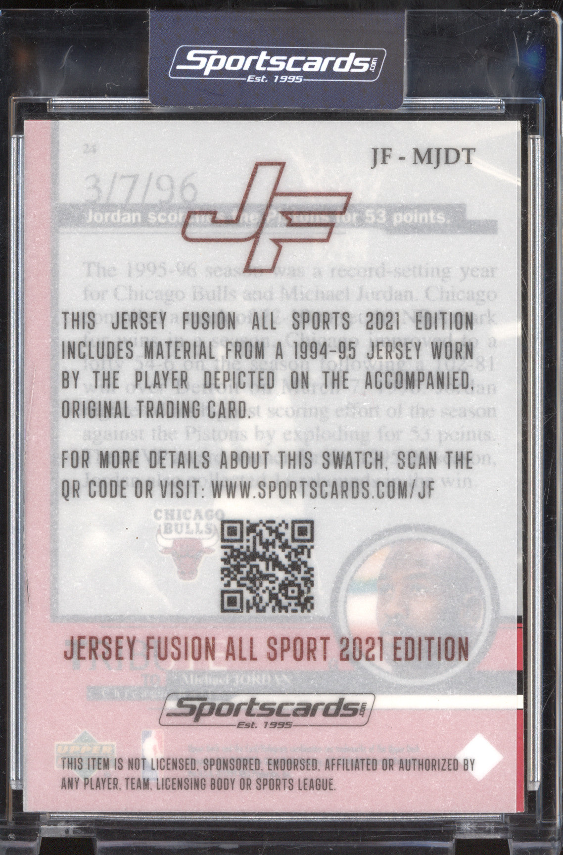 Michael Jordan 2021 Jersey Fusion All Sport JF-MJDT Game Used Swatch