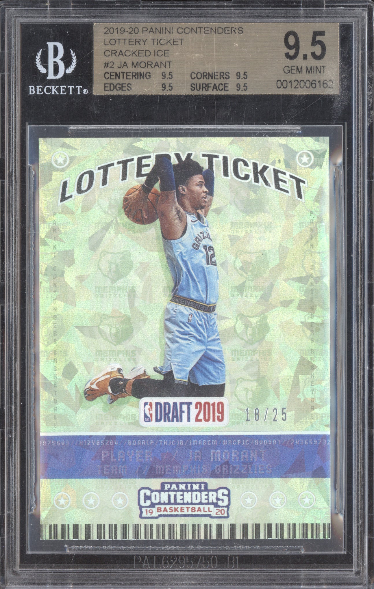 Ja Morant 2019-20 Panini Contenders 2 Lotter Ticket Cracked Ice RC 18/25 BGS 9.5