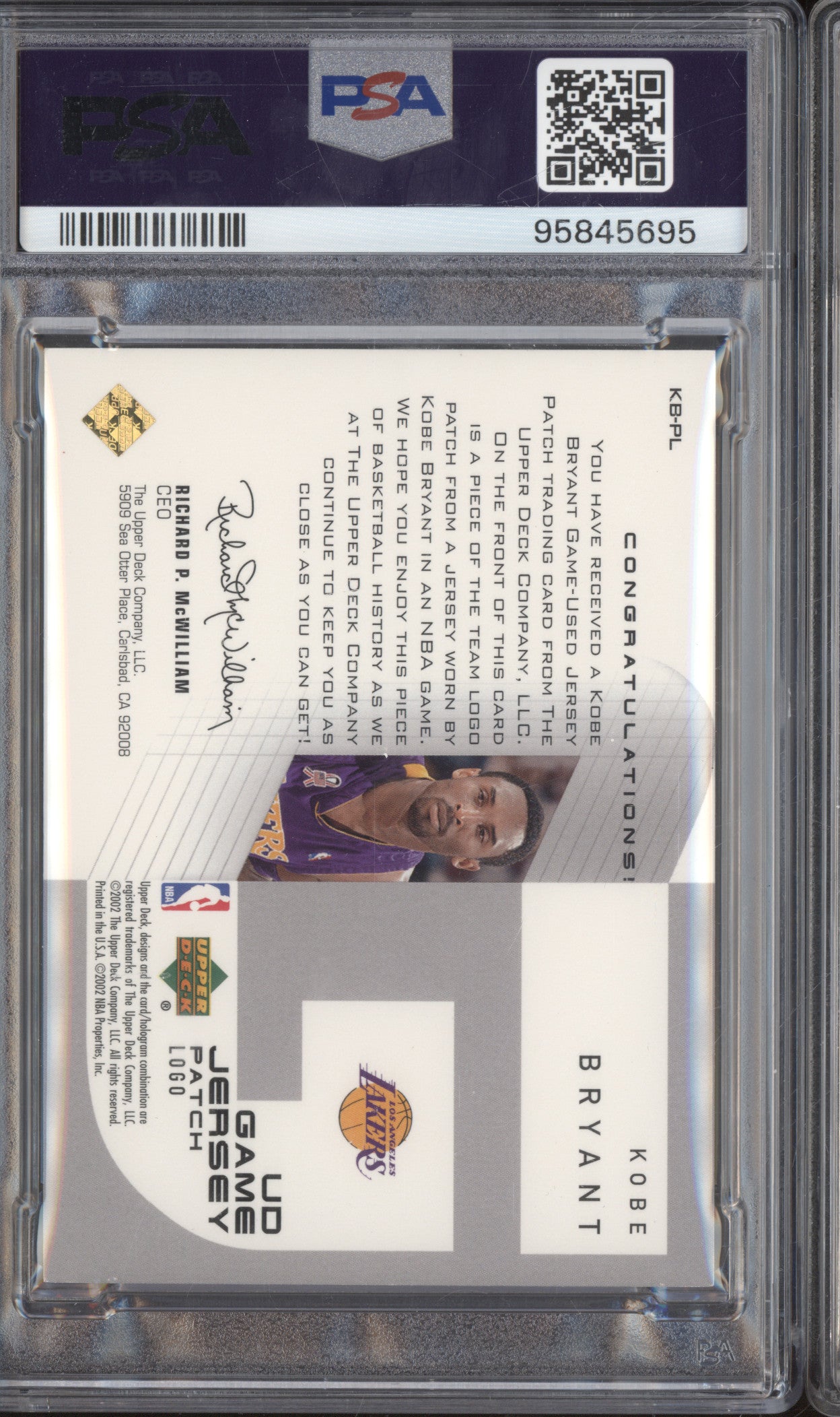 Kobe Bryant 2002 Upper Deck  KB-PL UD Game Jersey Patch Logo PSA 8