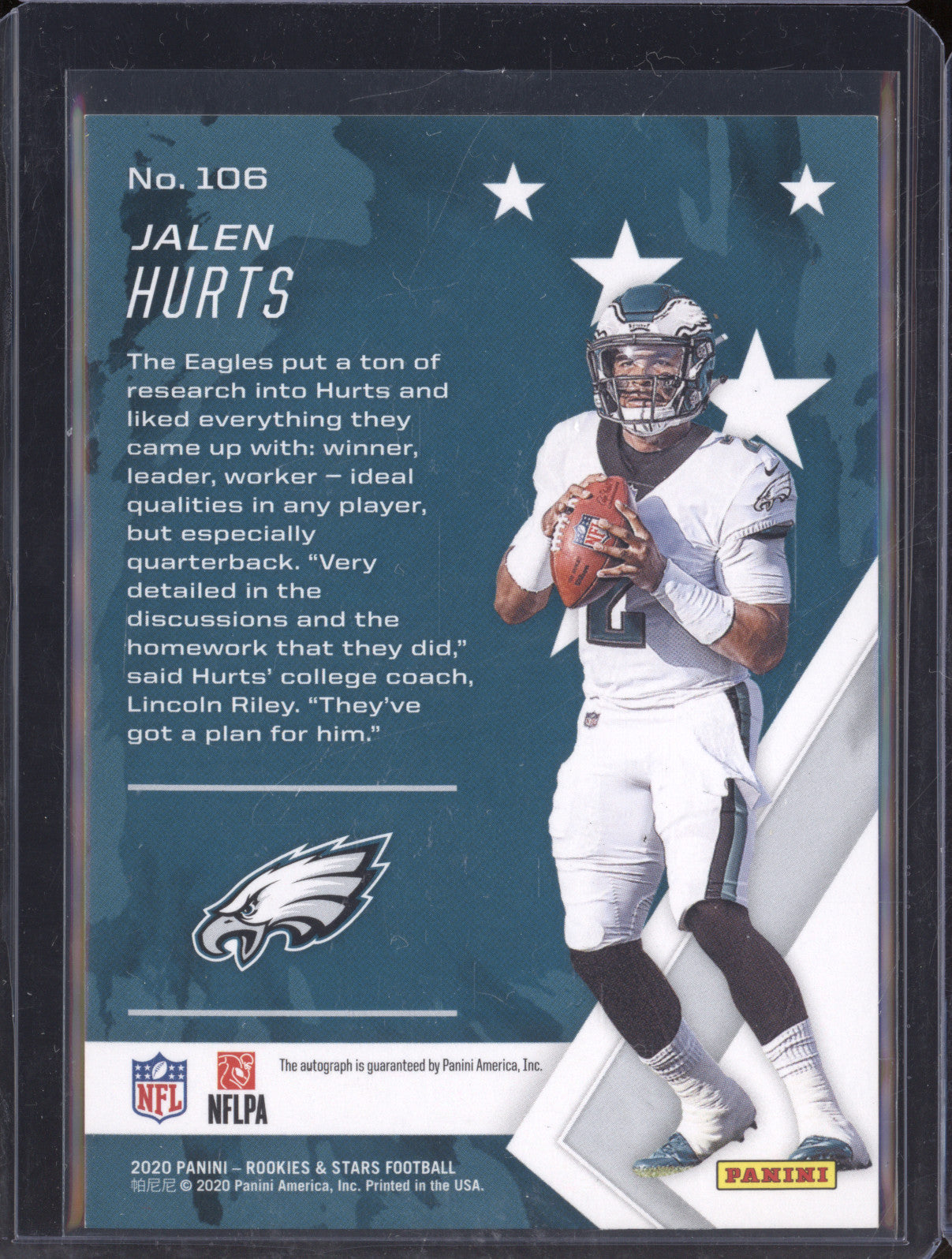 Jalen Hurts 2020 Panini Rookies & Stars 106 True Blue Auto RC 70/75