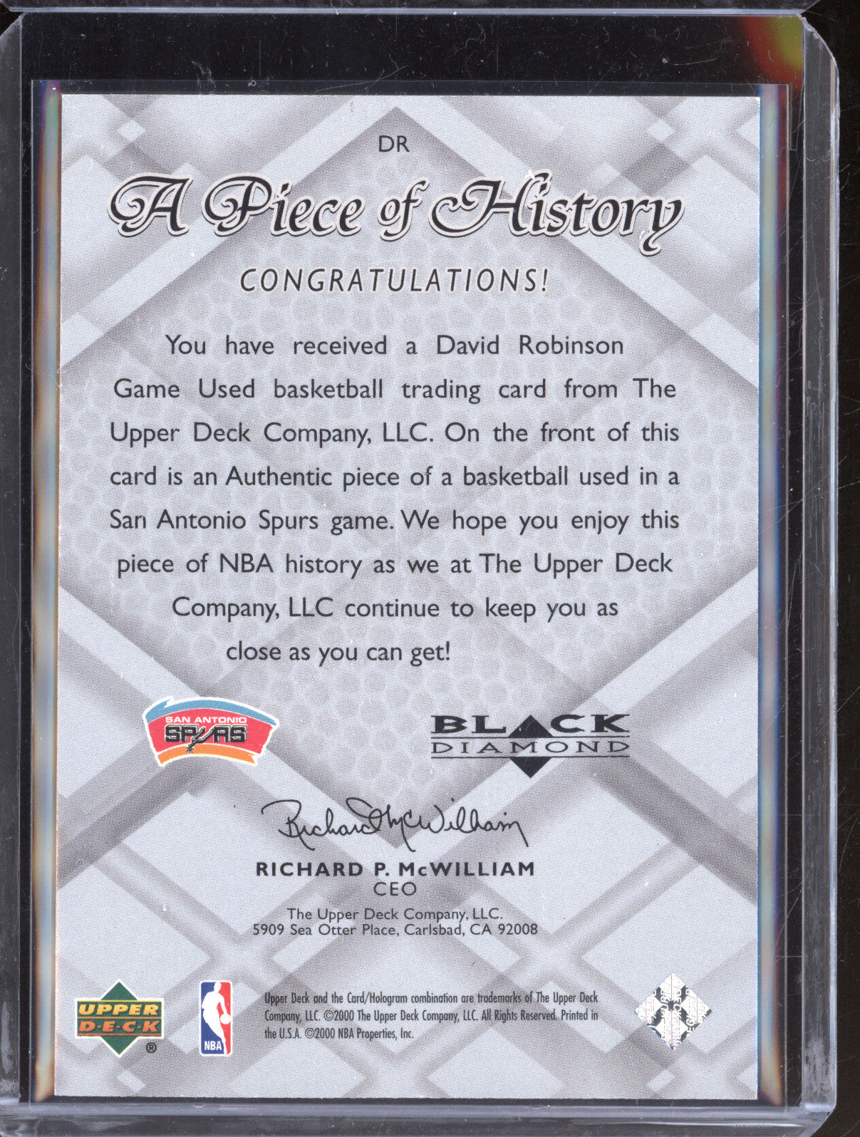 David Robinson 1999-00 Upper Deck Black Diamond DR A Piece of History
