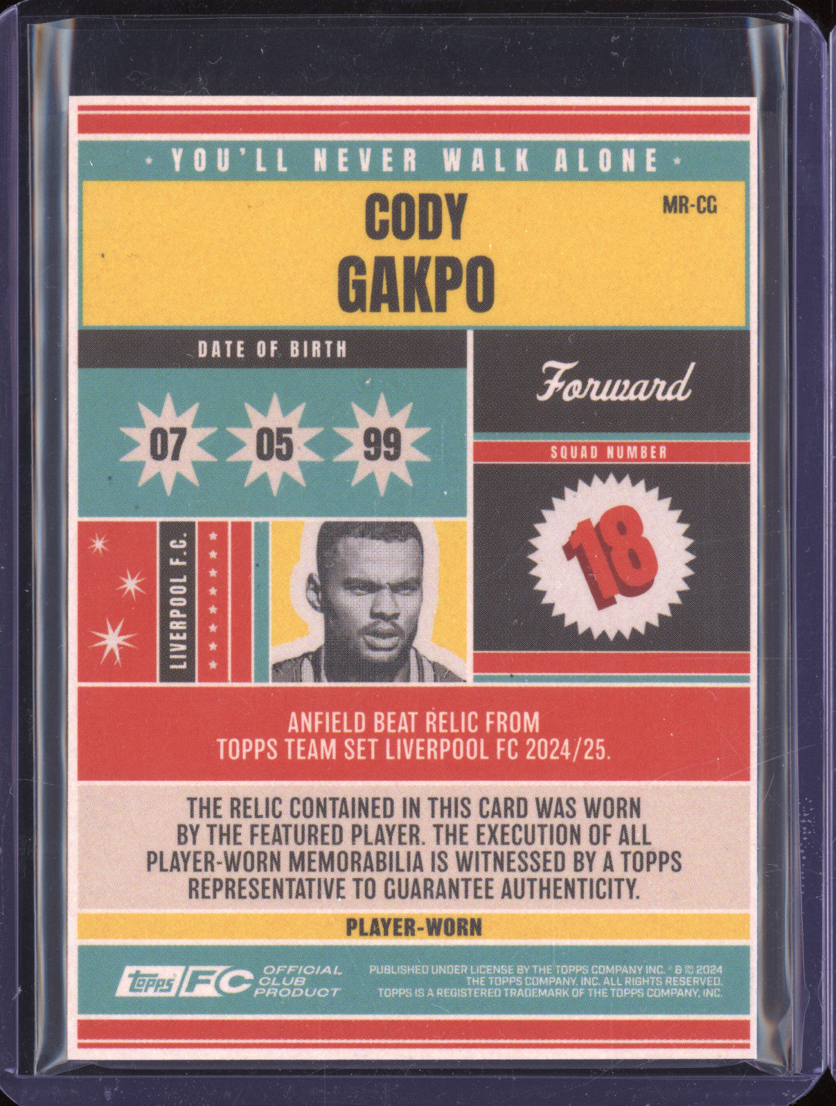 Cody Gakpo 2024-25 Topps Team Set Liverpool MR-CG Anfield Beat Relic