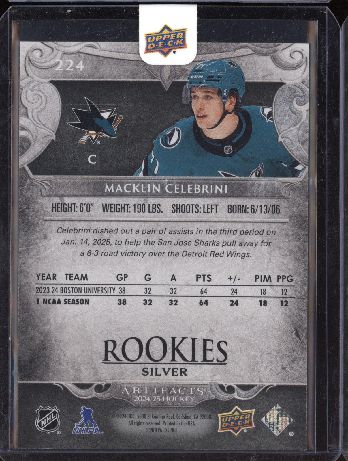 Macklin Celebrini 2024-25 Upper Deck Artifacts 224 Rookies Silver RC 163/899