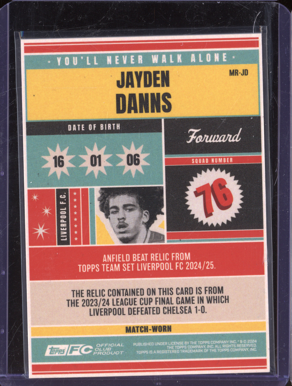 Jayden Danns 2024-25 Topps Team Set Liverpool MR-JD Anfield Beat Relic RC 23/50