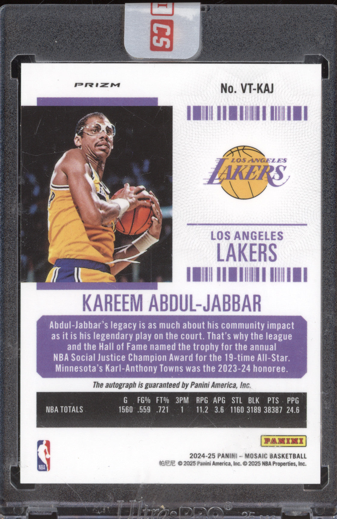 Kareem Abdul-Jabbar 2024-25 Panini Mosaic VT-KAJ Veteran Ticket Mosaic Autograph