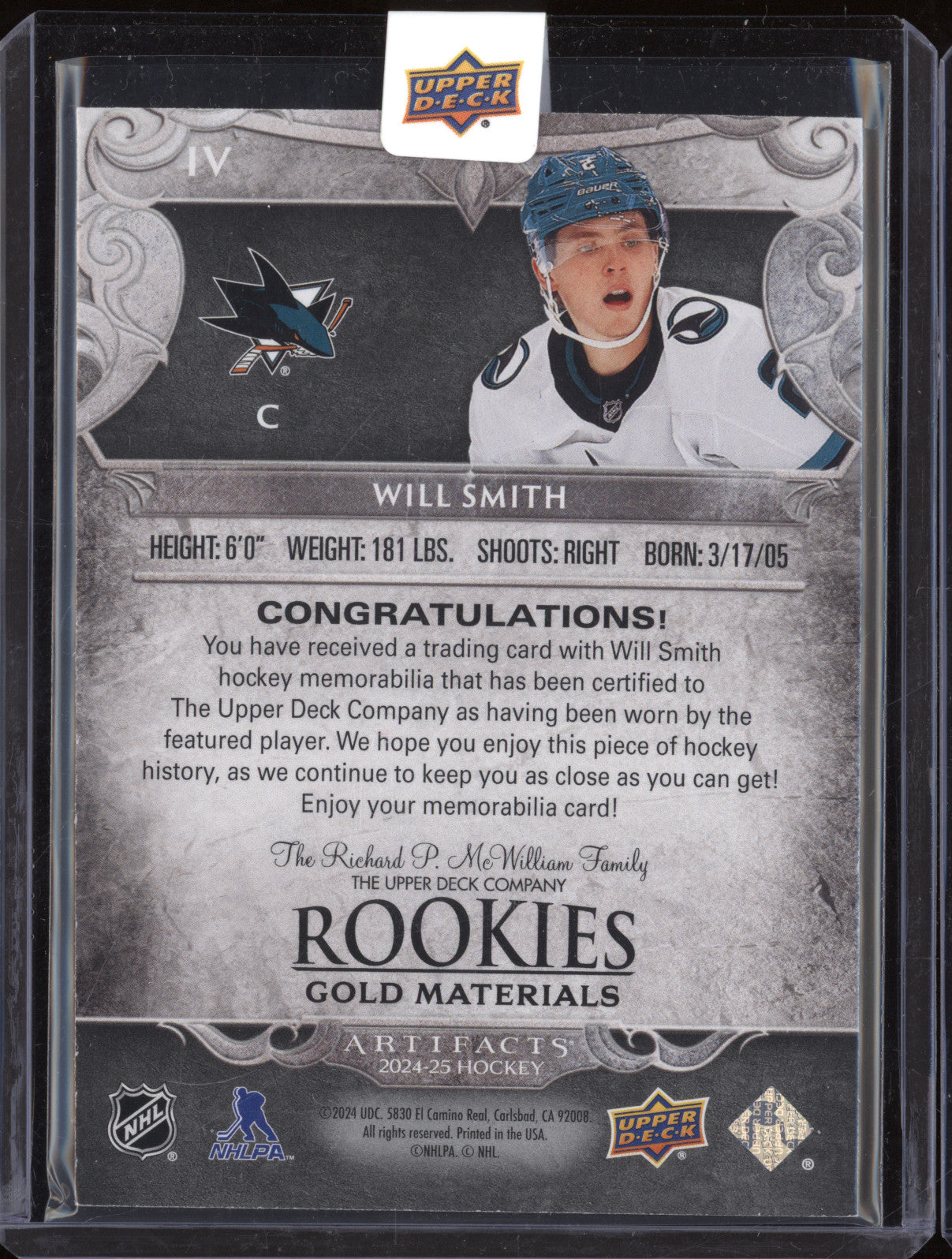 Will Smith 2024-25 Upper Deck Artifacts IV Rookies Gold Material RC 235/399