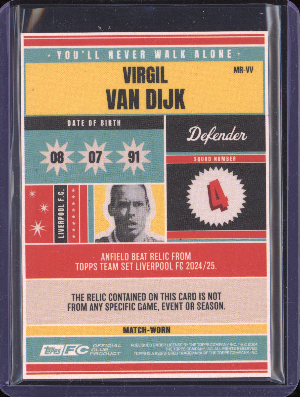 Virgil van Dijk 2024-25 Topps Team Set Liverpool MR-VV Anfield Beat Relic /250