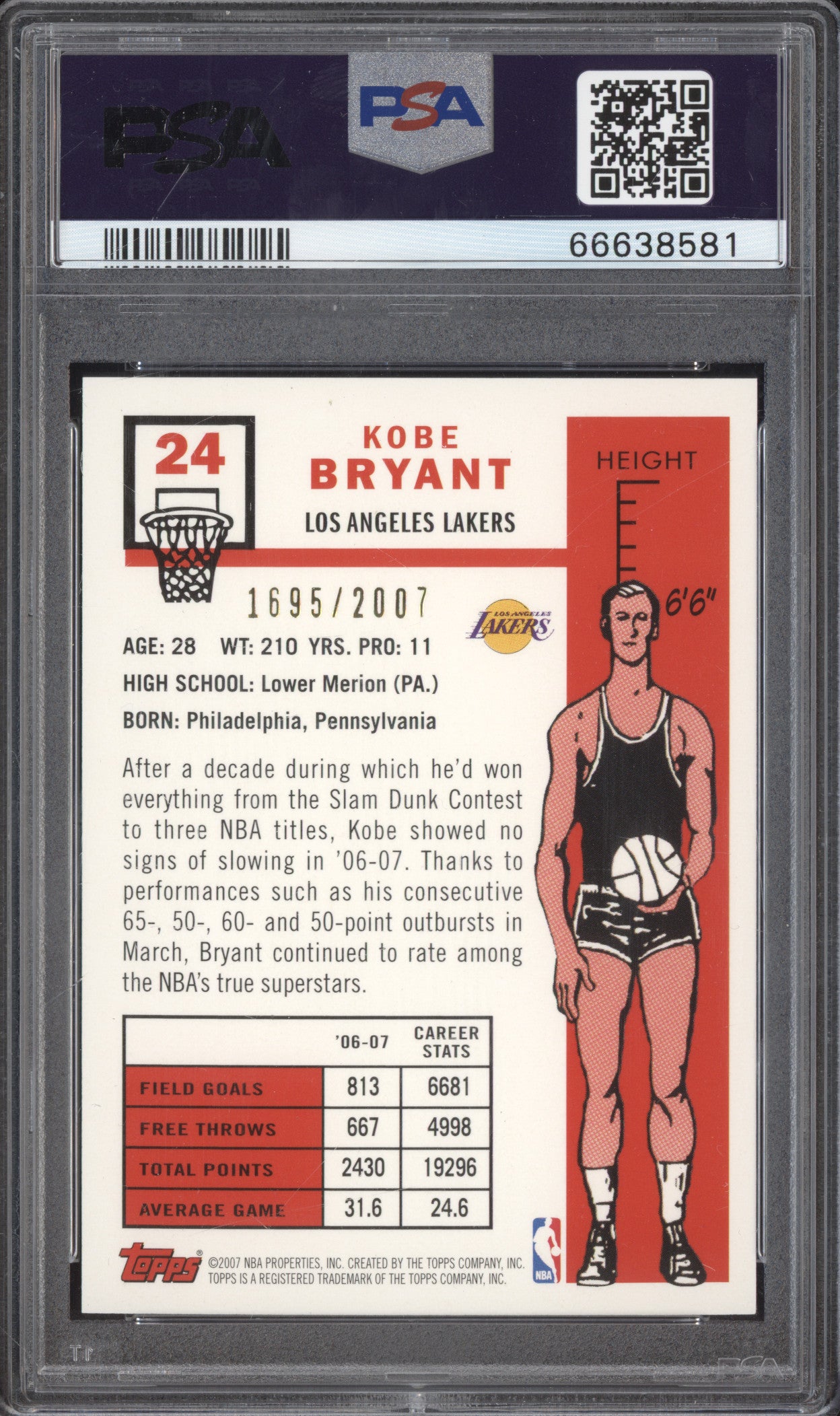 Kobe Bryant 2007 Topps  24 1957-58 Variation Gold 1695/2007 PSA 9