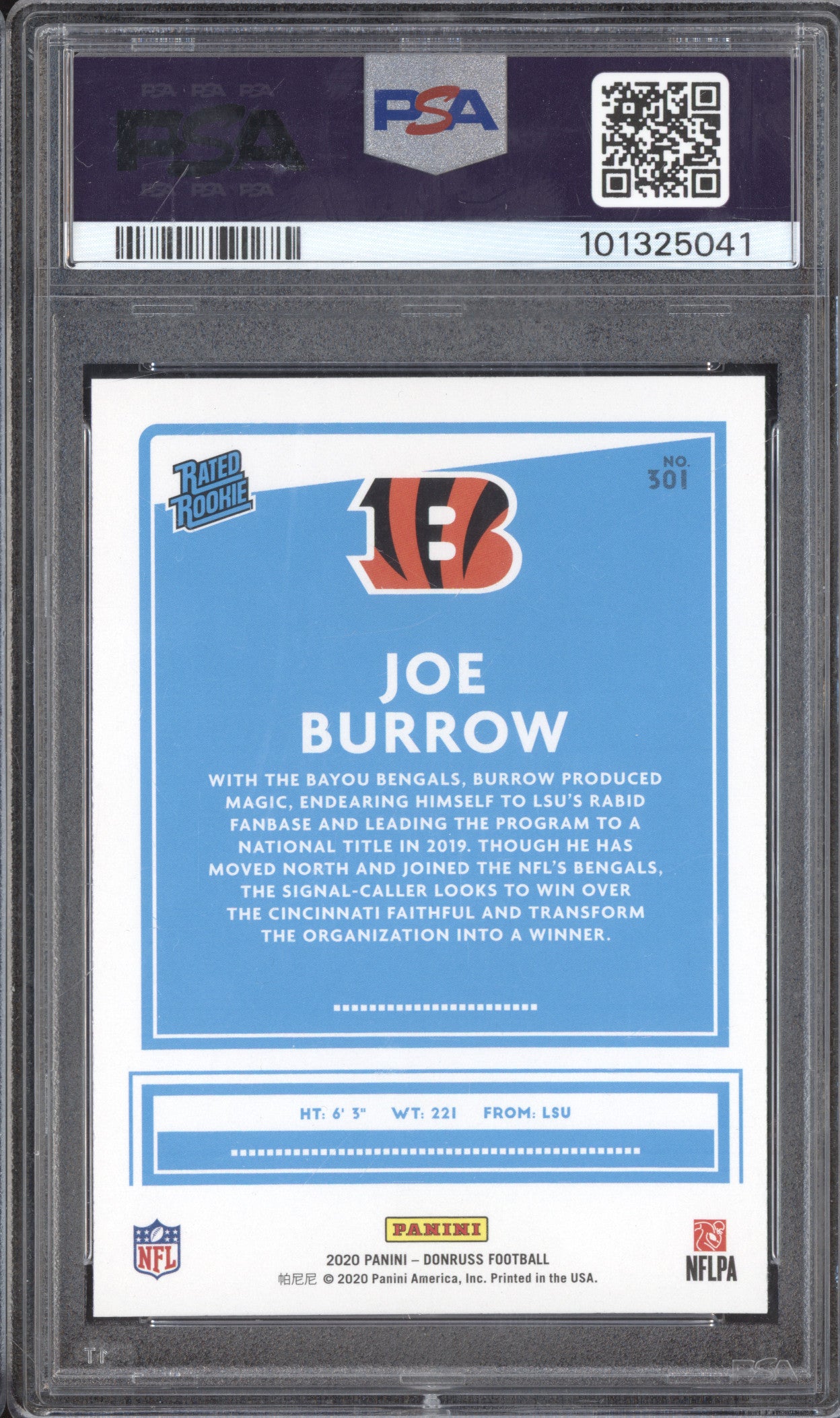 Joe Burrow 2020 Panini Donruss 301 Rated Rookie RC PSA 9