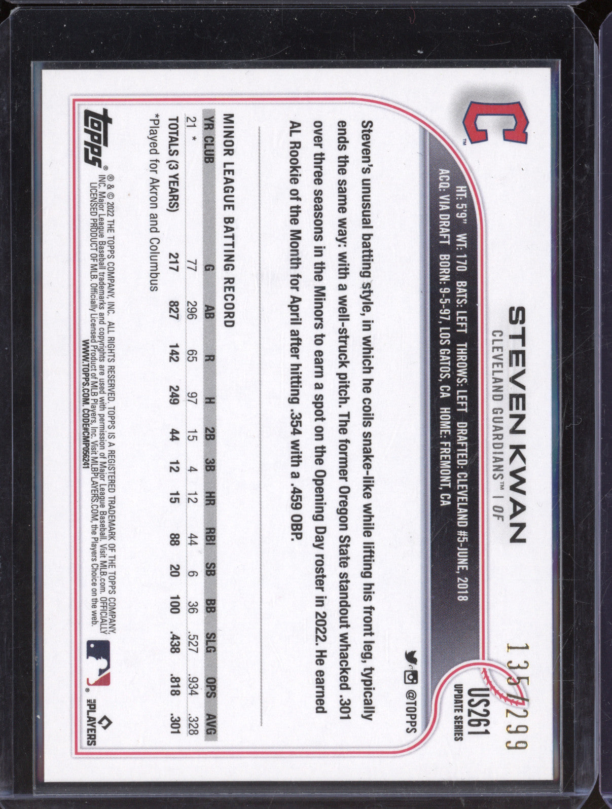 Steven Kwan 2022 Topps Update US261 Orange Foil RC 135/299