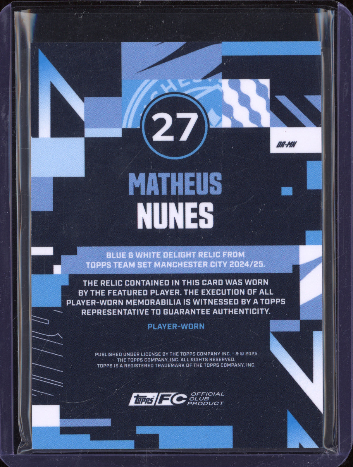 Matheus Nunes 2025 Topps Team Set Manchester City DR-MN Blue & White Relic /250