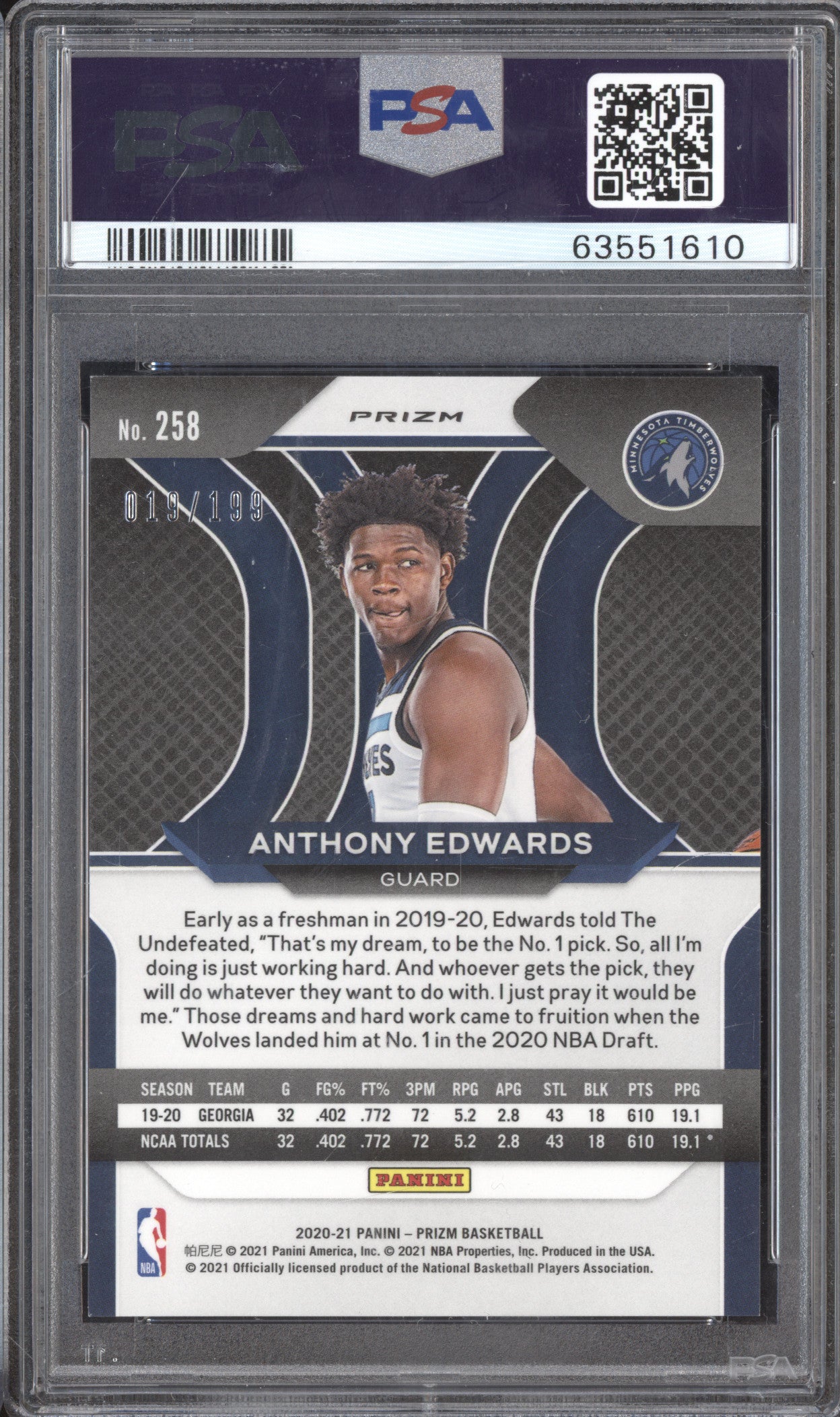 Anthony Edwards 2020-21 Panini Prizm 258 Blue Prizm RC 19/199 PSA 9