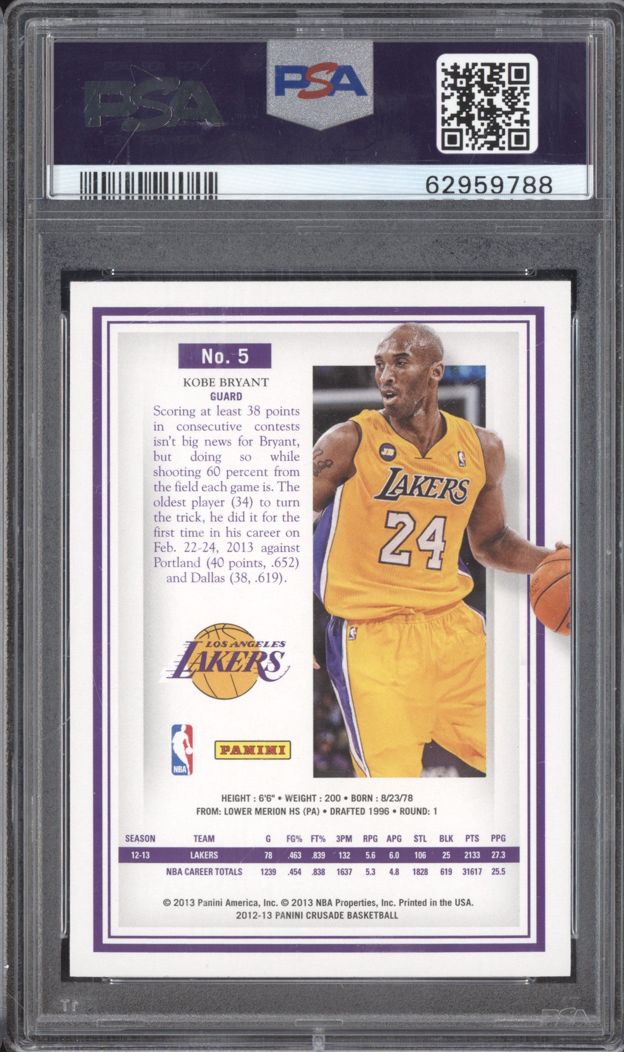 Kobe Bryant 2012-13 Panini Crusade 5 PSA 10