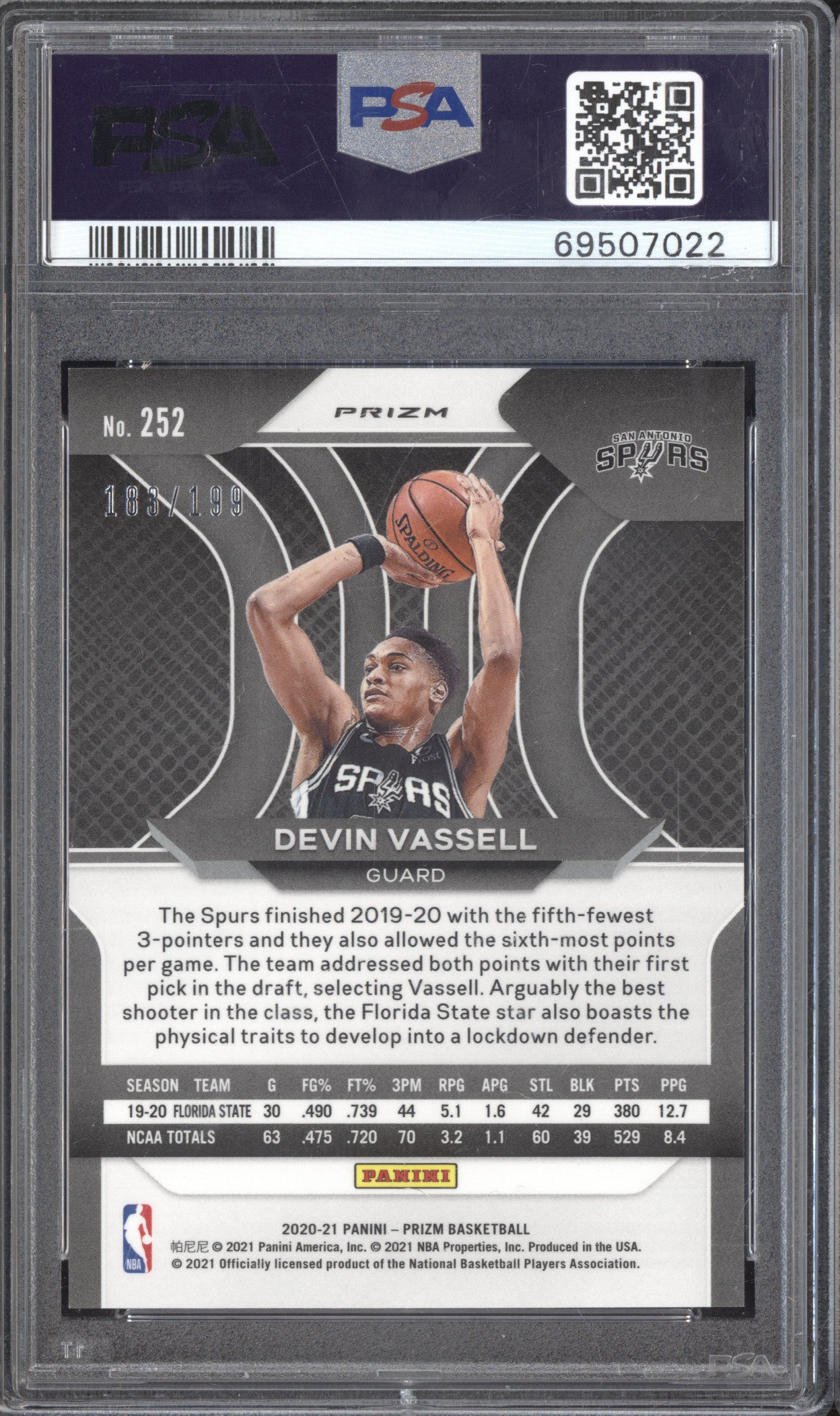 Devin Vassell 2020-21 Panini Prizm 252 Blue Prizm RC 183/199 PSA 9