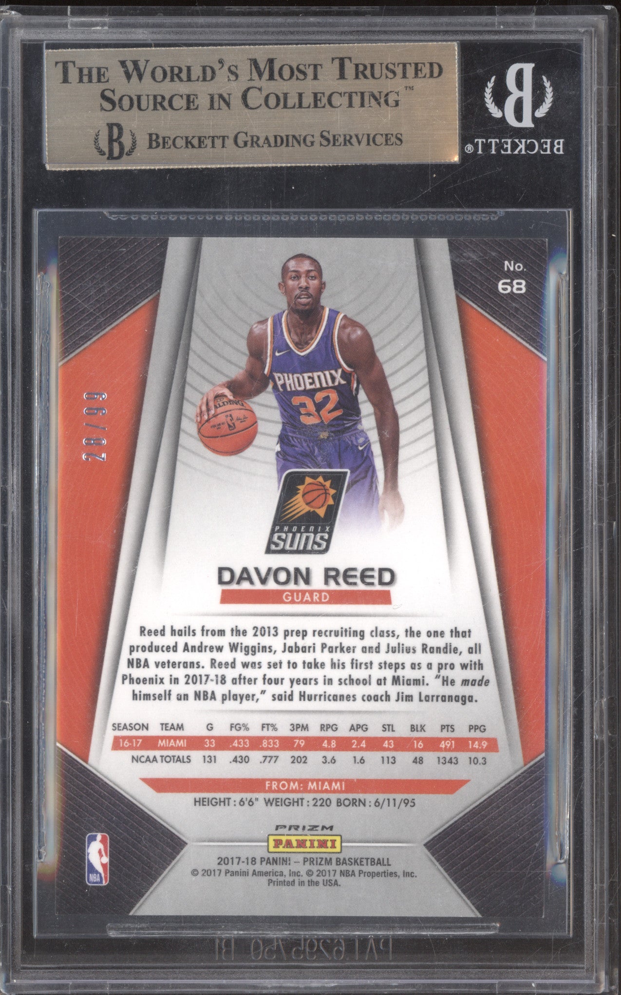 Davon Reed 2017-18 Panini Prizm 68 Blue Ice RC 28/99 BGS 9.5