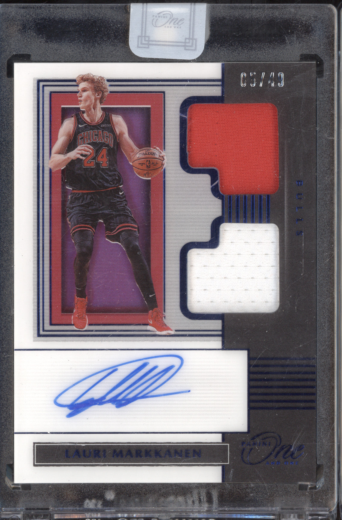 Lauri Markkanen 2019-20 Panini One and One DJA-LMK Dual Jersey Auto Blue 5/49
