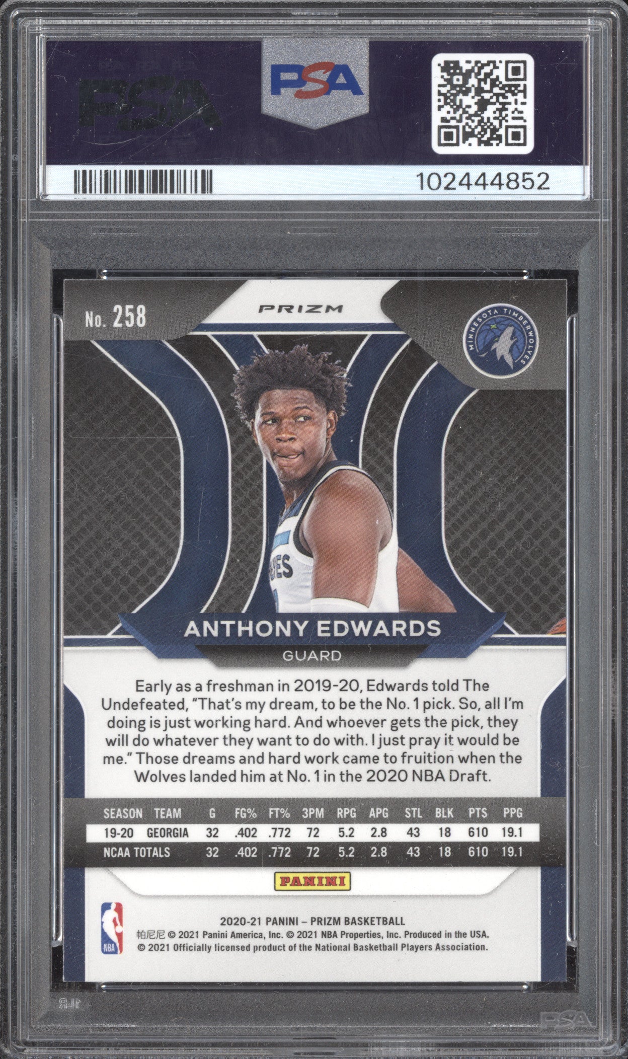 Anthony Edwards 2020-21 Panini Prizm 258 Red Ice RC PSA 9