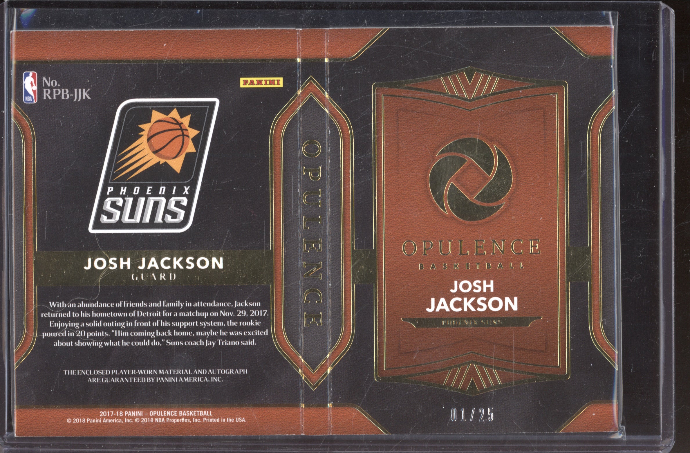 Josh Jackson 2017-18 Panini Opulence RPB-JJK Rookie Patch Booklet Auto RC 1/25