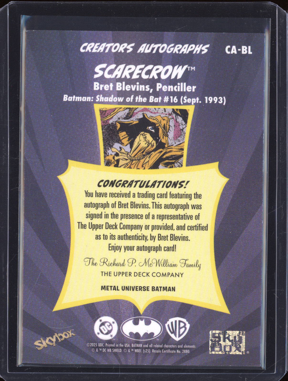 2025 Skybox Metal Universe Scarecrow Bret Blevins, Penciller Creators Autographs