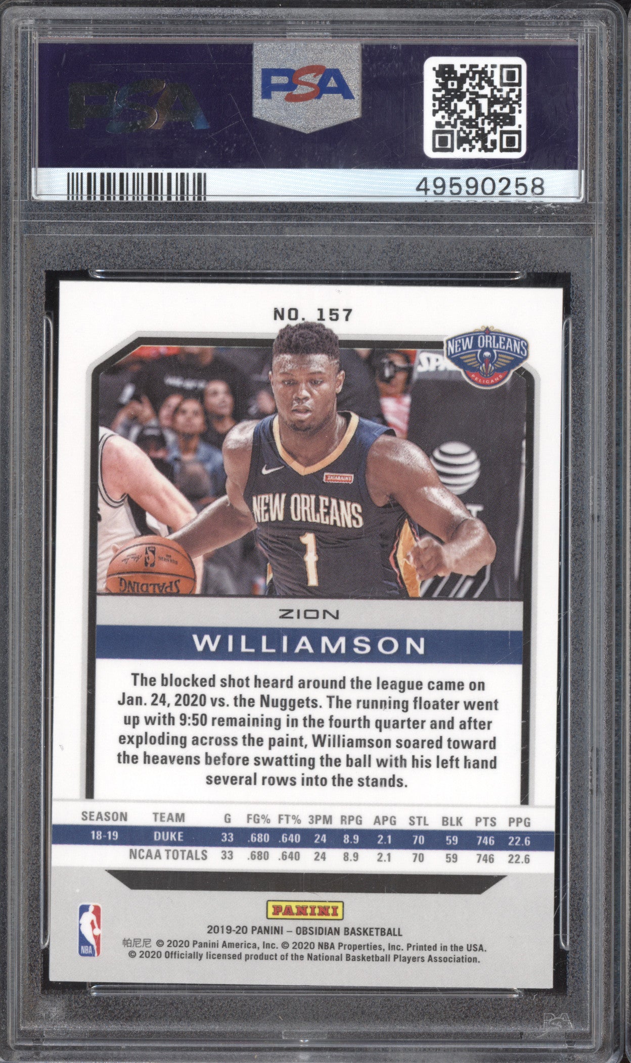 Zion Williamson 2019-20 Panini Obsidian 157 RC PSA 9