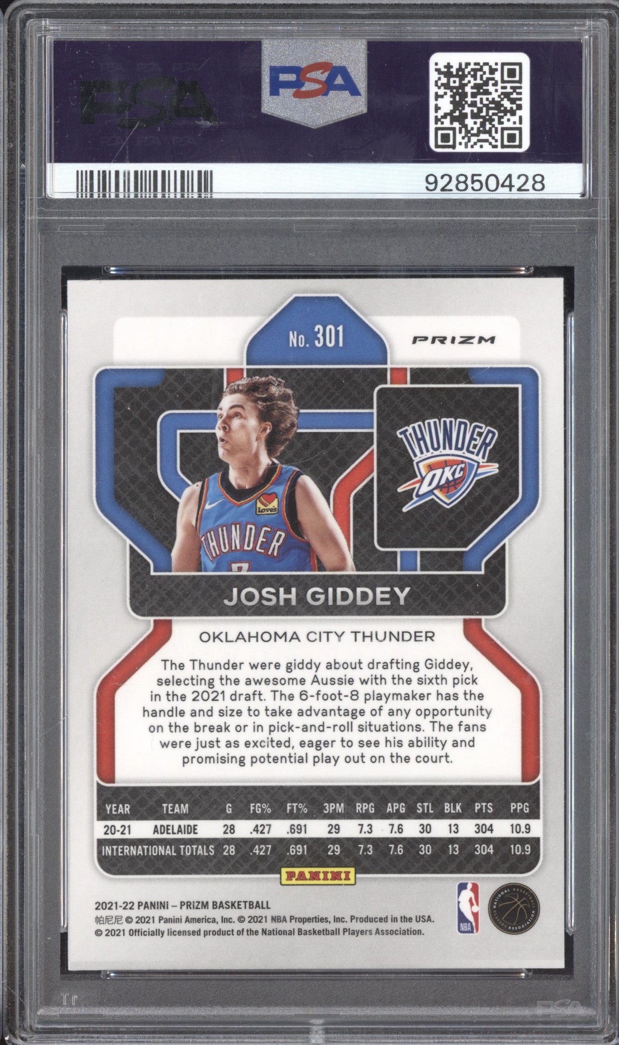 Josh Giddey 2021-22 Panini Prizm 301 Silver Prizm RC PSA 9