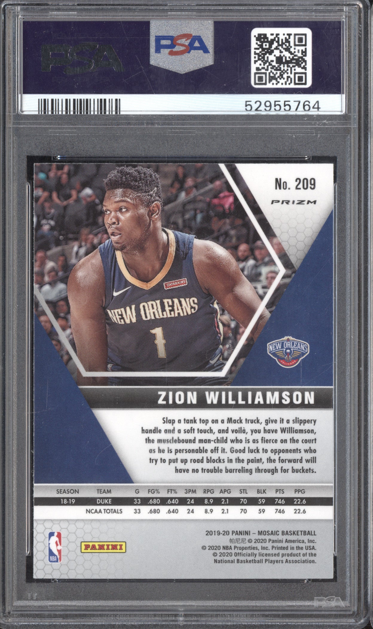 Zion Williamson 2019-20 Panini Mosaic 209 Silver Prizm RC PSA 10