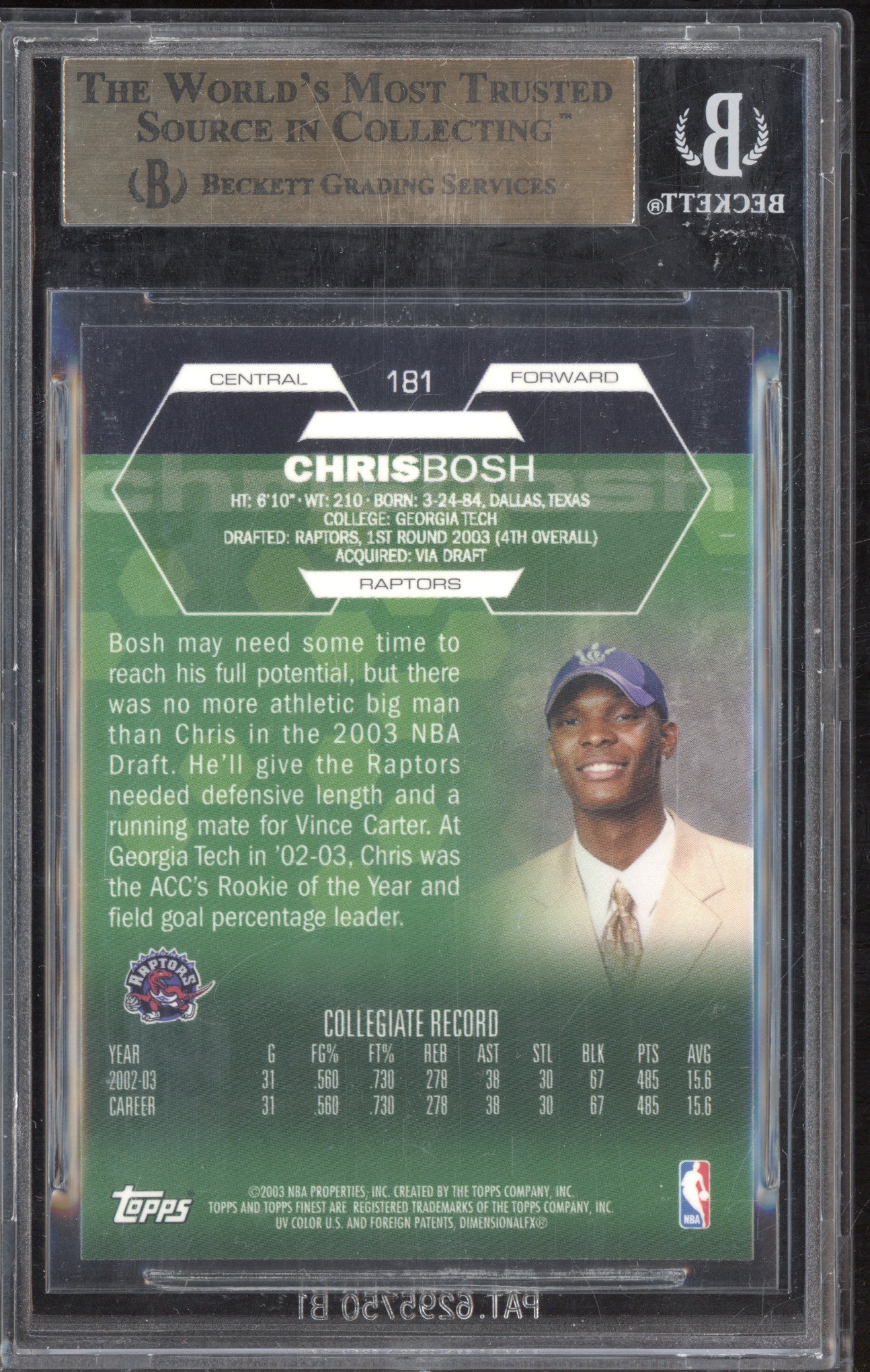 Chris Bosh 2002-03 Topps Finest 181 RC BGS 9.5