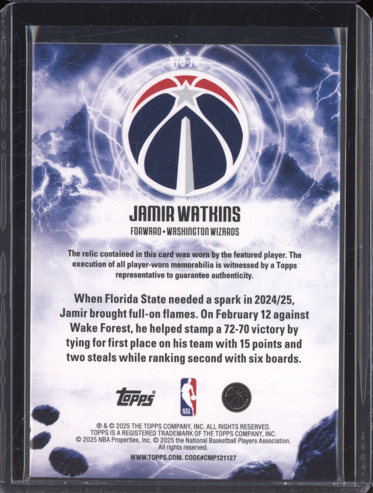2025 NBA Basketball Topps Jamir Watkins Rise to the Occasion Rookie Patch RC