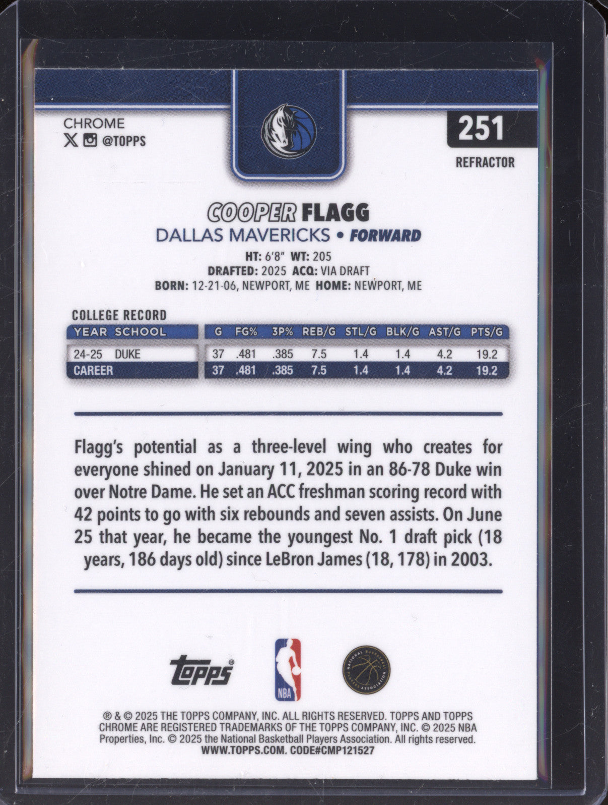 Cooper Flagg 2025-26 Topps Chrome Refractor Rookie 251 RC