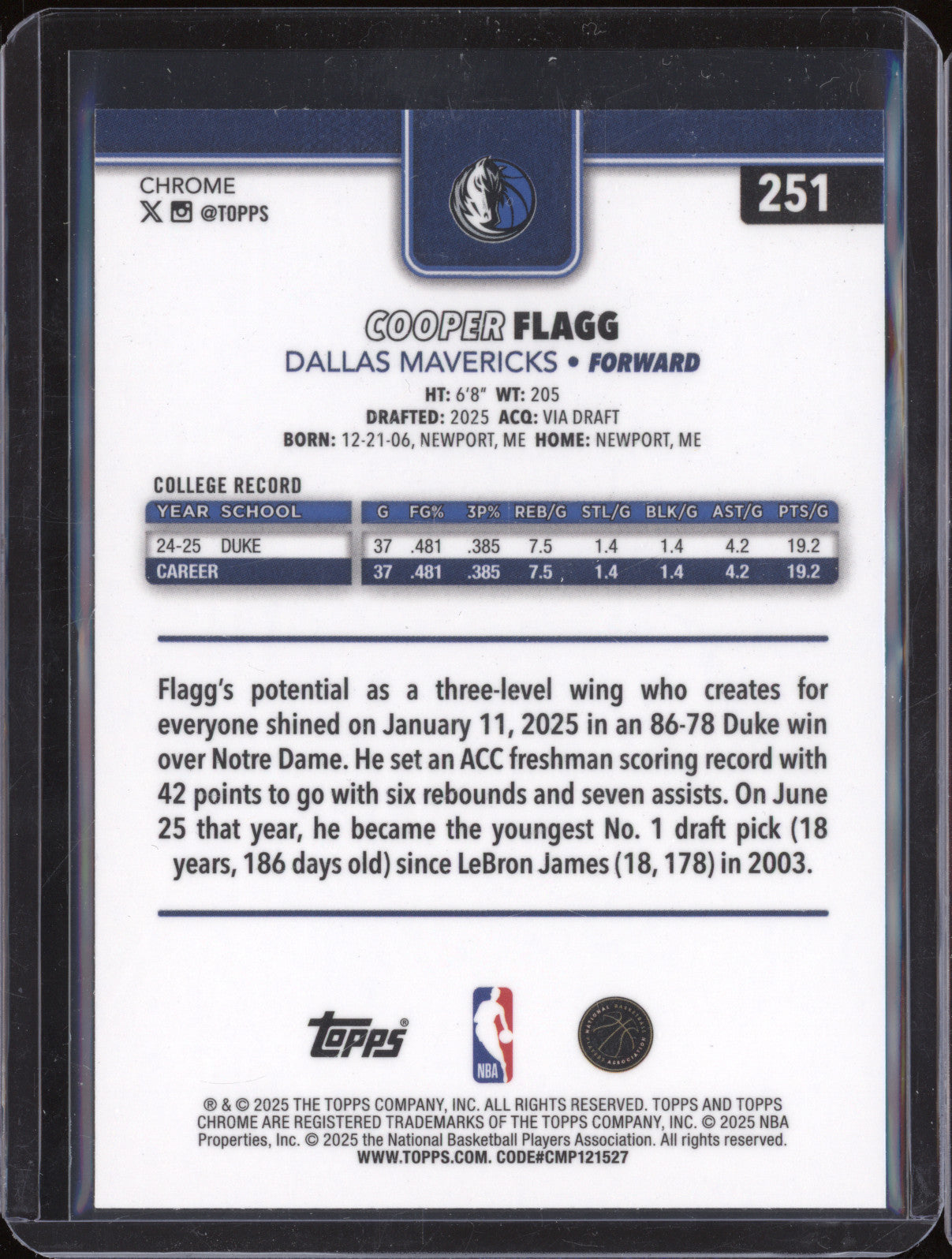 Cooper Flagg 2025-26 Topps Chrome Base Rookie 251 RC