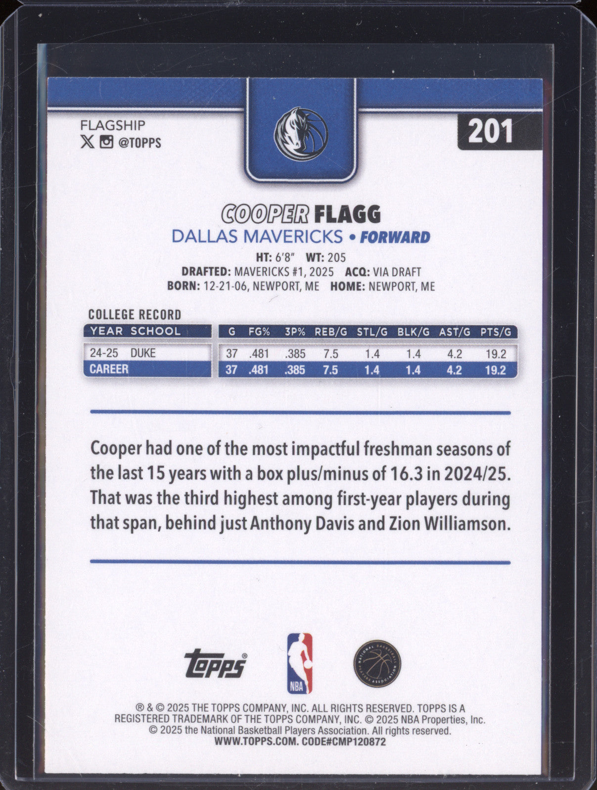 2025 NBA Basketball Topps 201 Cooper Flagg Rookie RC