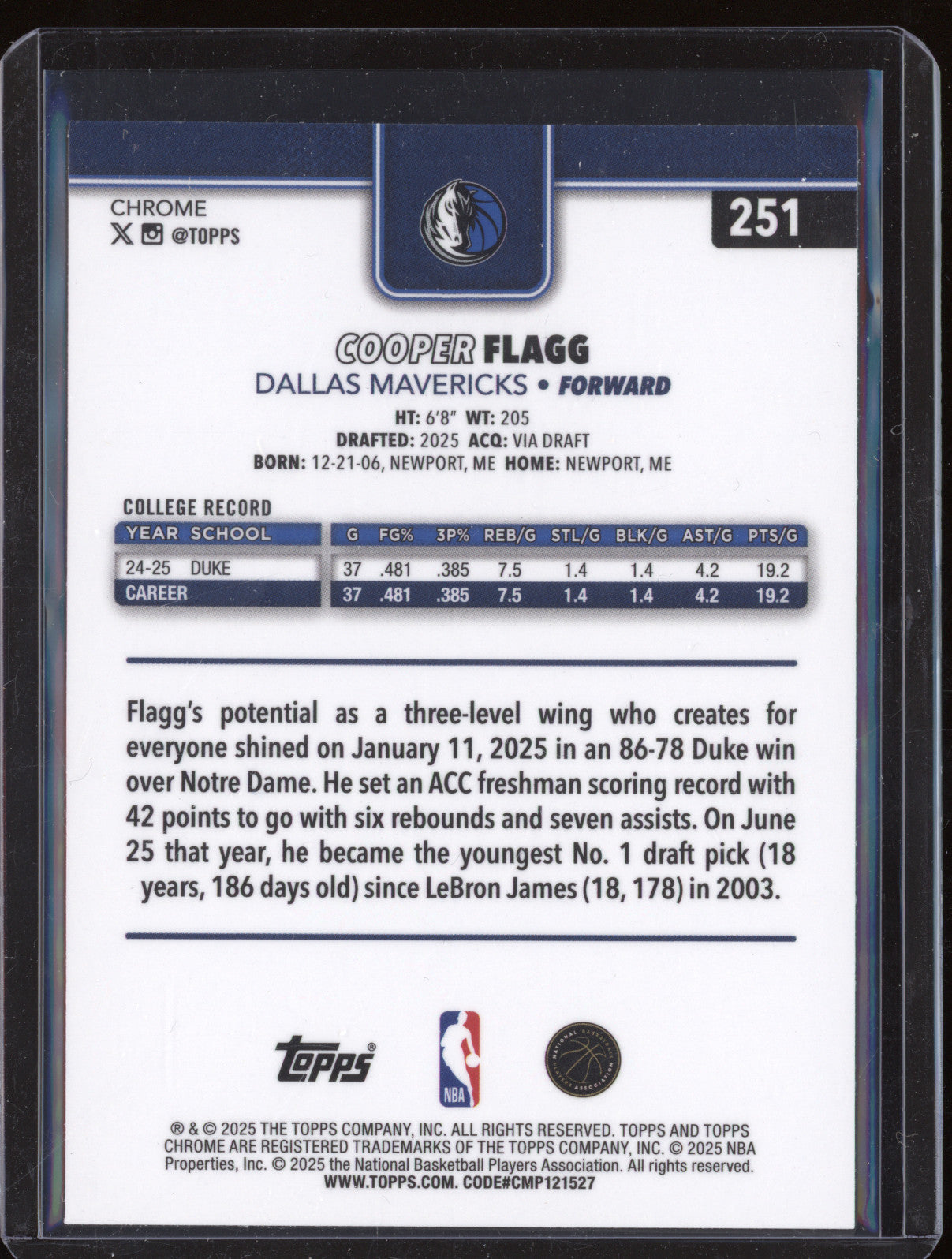 Cooper Flagg 2025-26 Topps Chrome Base Rookie 251 RC