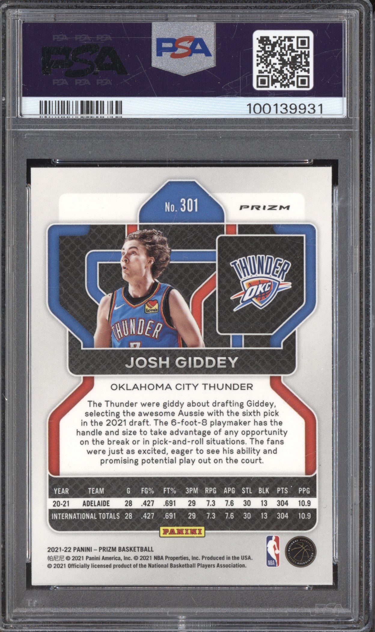 Josh Giddey 2021-22 Panini Prizm 301 Silver RC PSA 9