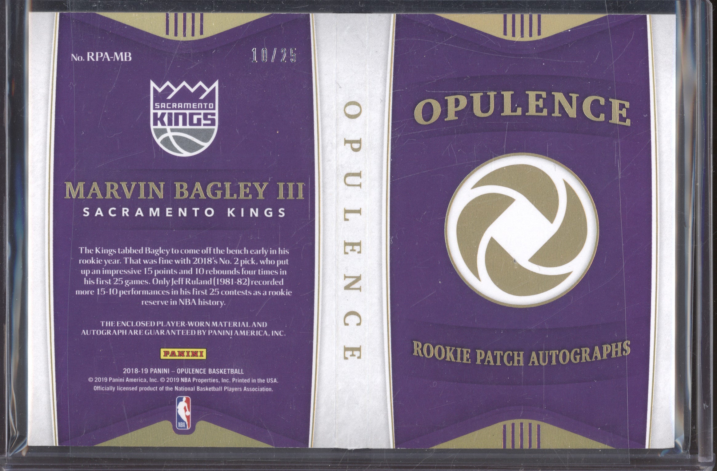 Marvin Bagley III 2018-19 Panini Opulence RPA-MB Rookie Patch Auto RC 10/25