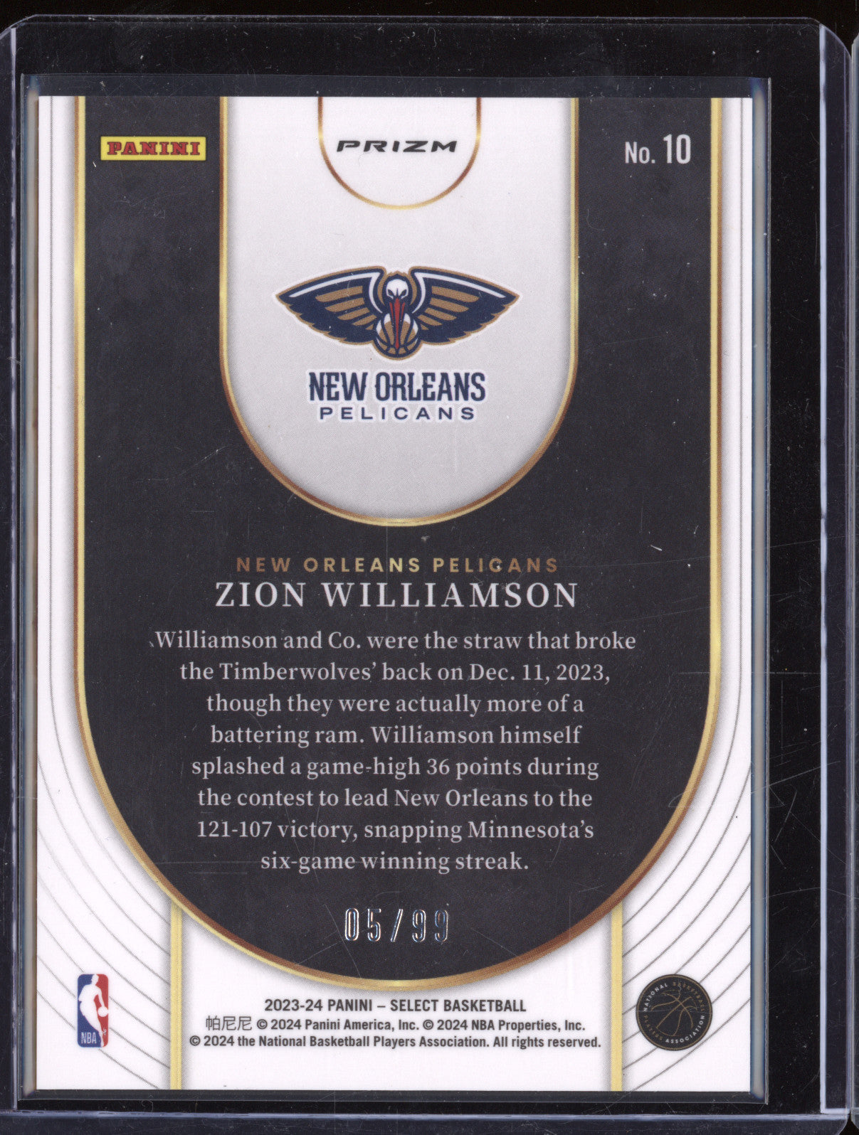 Zion Williamson 2023-24 Panini Select 10 Neon Icon Pink Ice 5/99