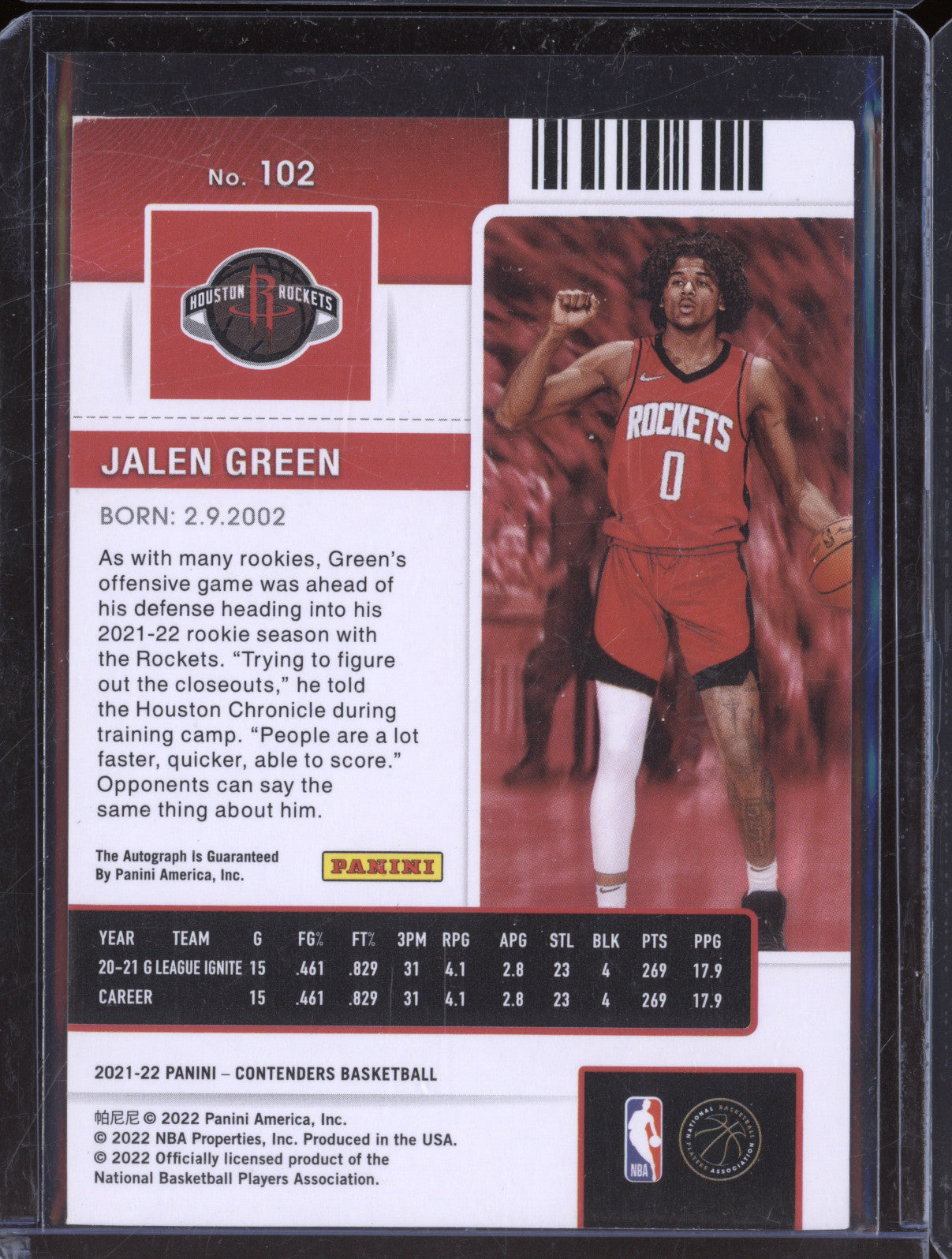2021-22 Panini Contenders 102 Jalen Green Rookie Ticket Auto RC