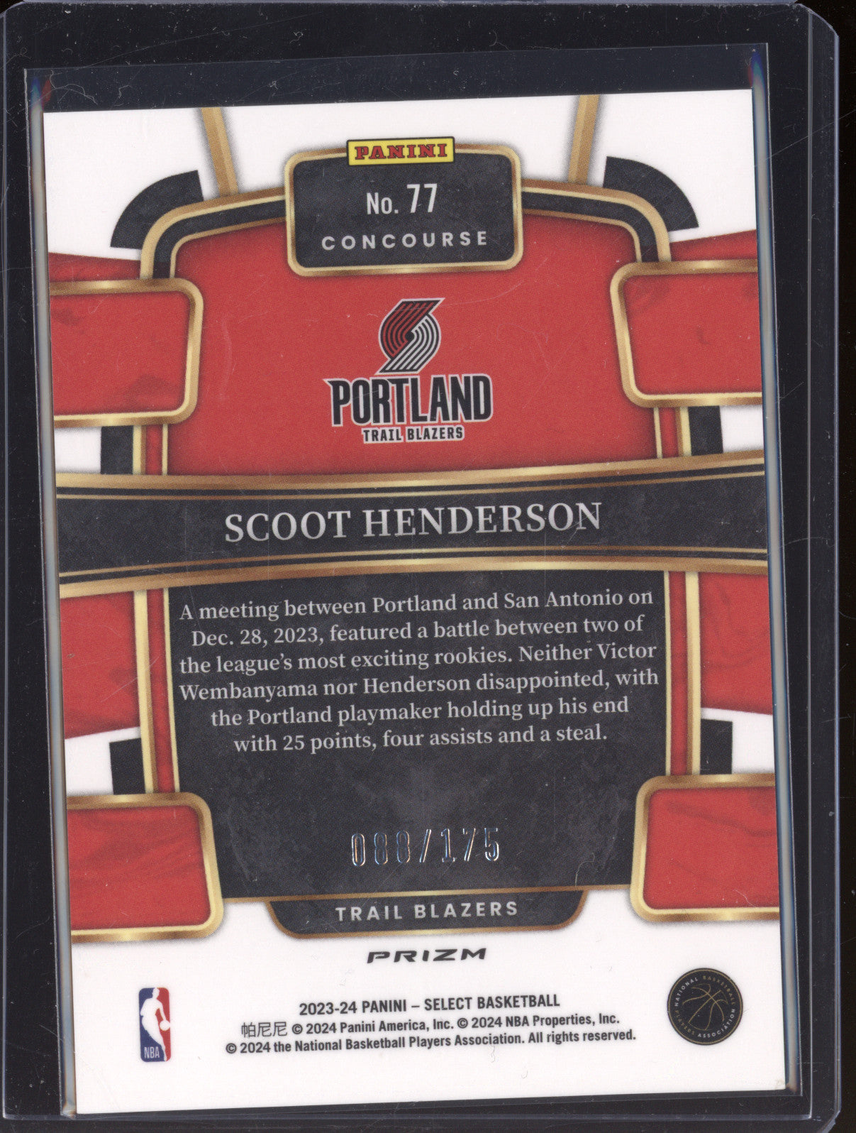 Scoot Henderson 2023-24 Panini Select 77 Purple Flash RC 88/175