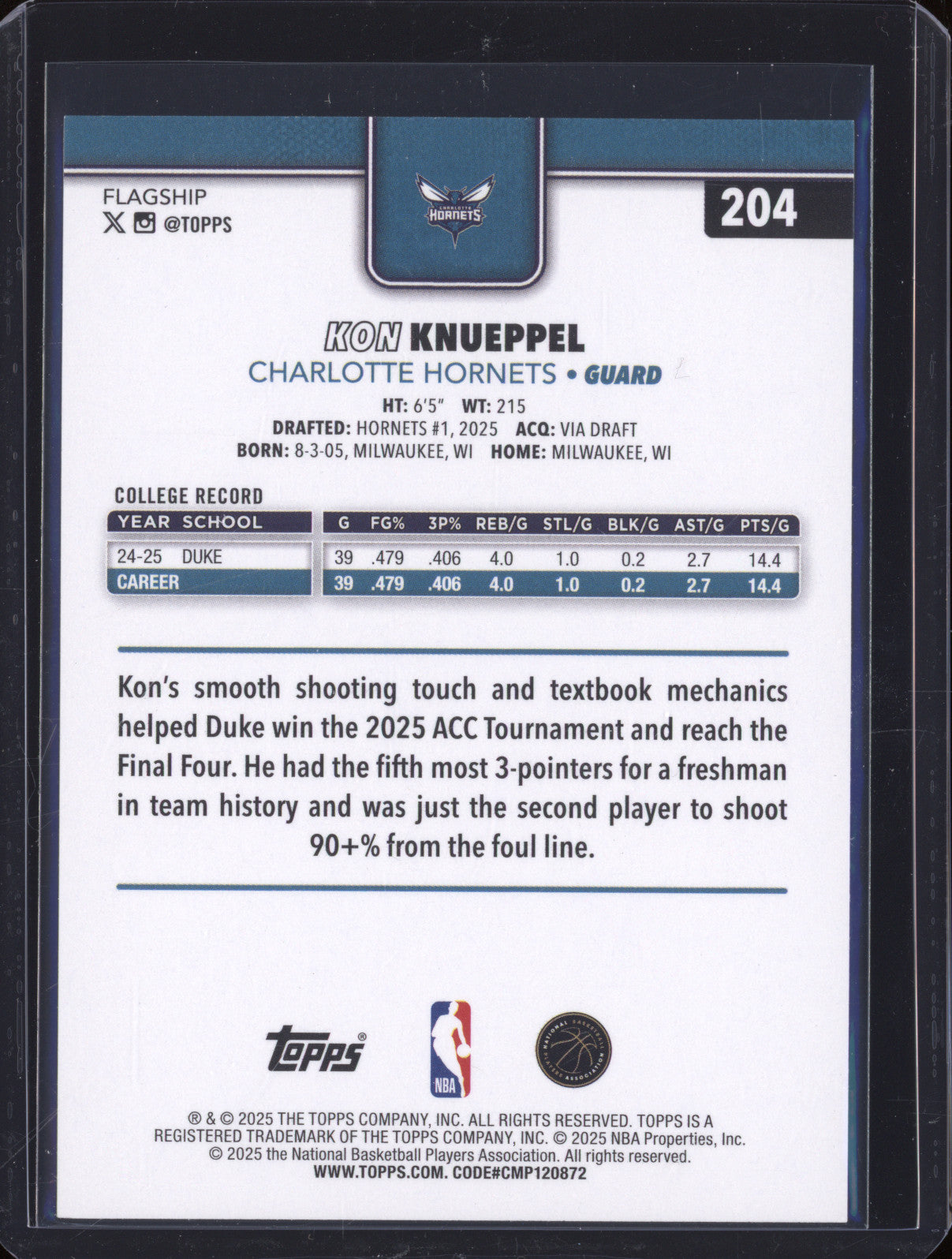2025 NBA  Topps 204 Kon Knueppel Rookie RC